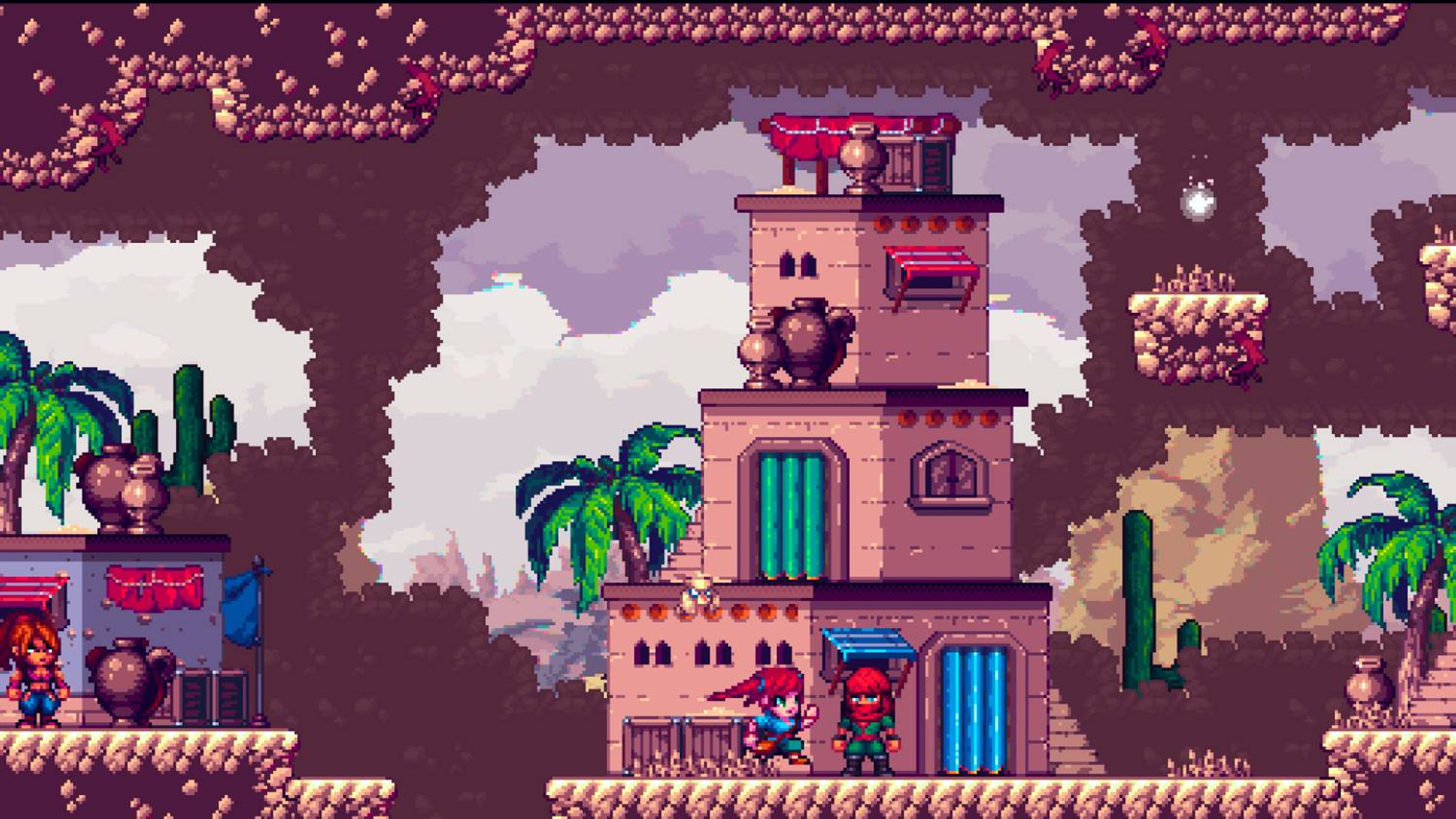 Scena pixel art con due personaggi davanti a edifici a più piani, palme e cactus.
