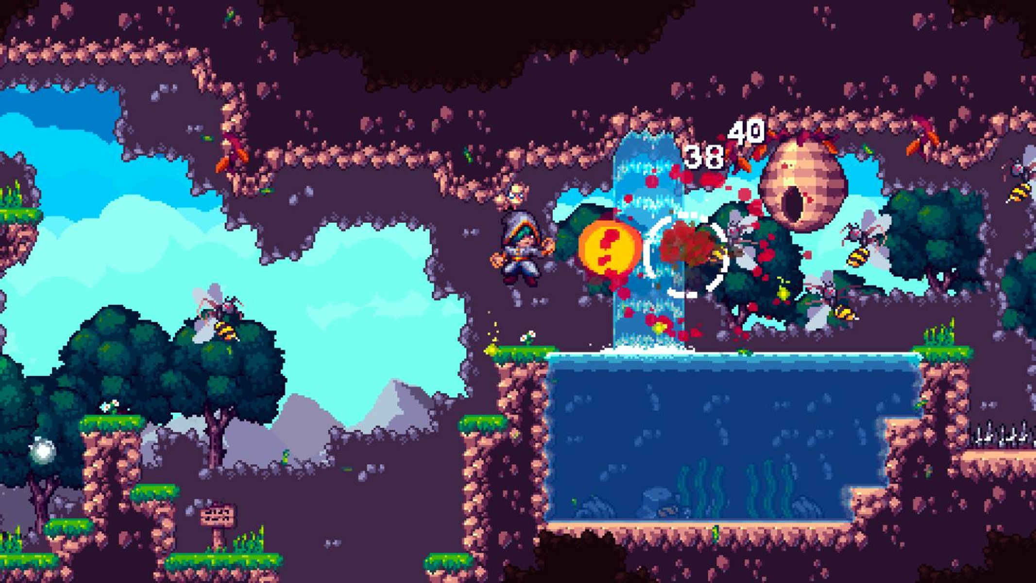 Personaggio pixel vicino cascata, api e alveare in combattimento.