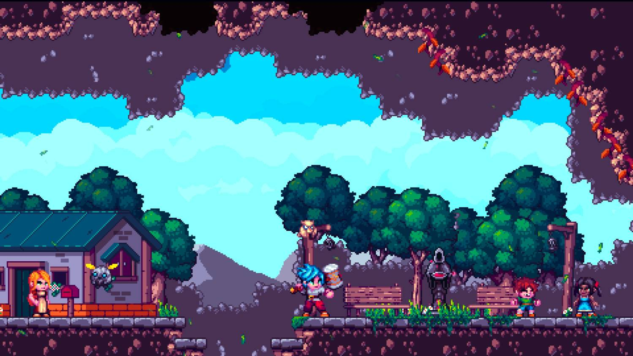 Scena pixel art con personaggi vicino a una casa, alberi e terreno roccioso sotto un cielo nuvoloso.