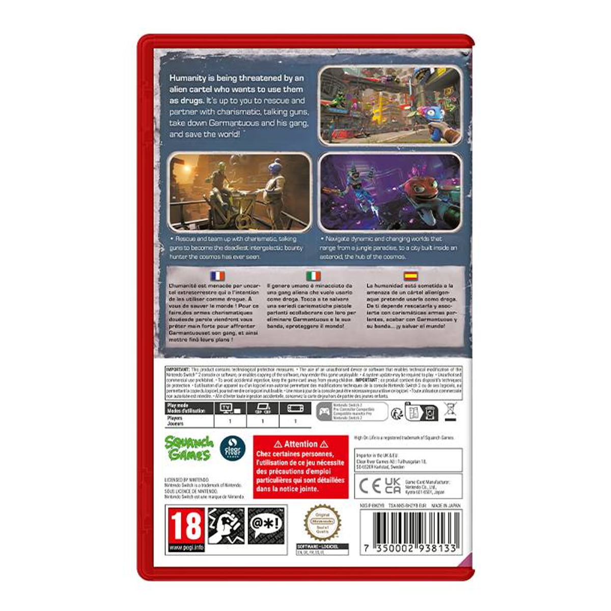 Retro della copertina del gioco con testo e immagini su un cartello alieno minaccioso.