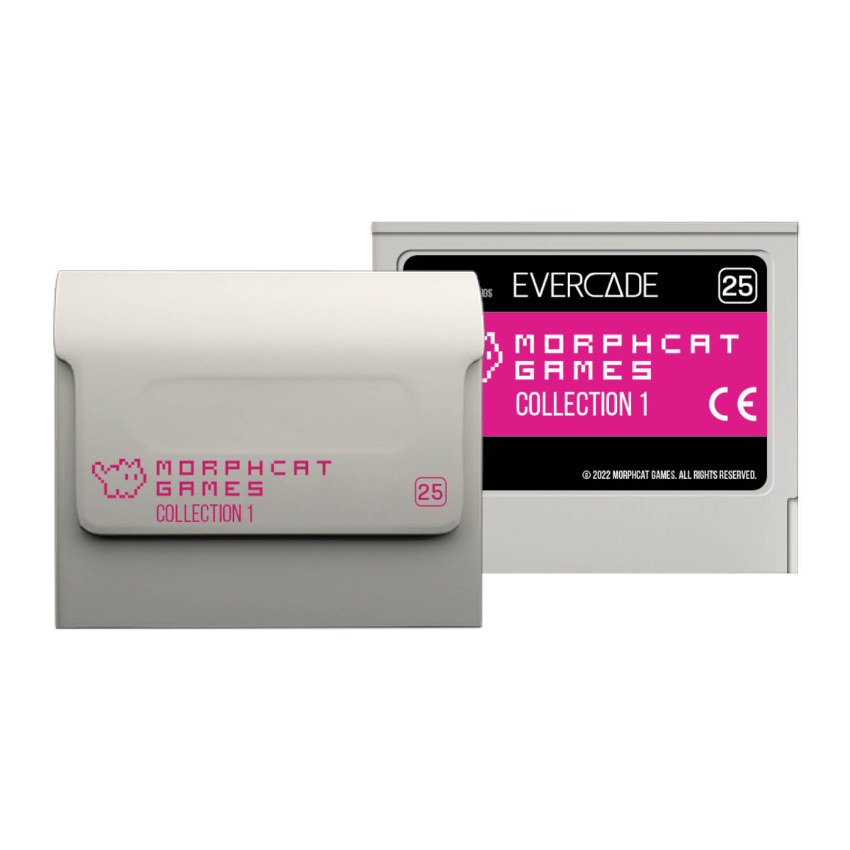 Due cartucce di gioco Evercade, una con scritte rosa.