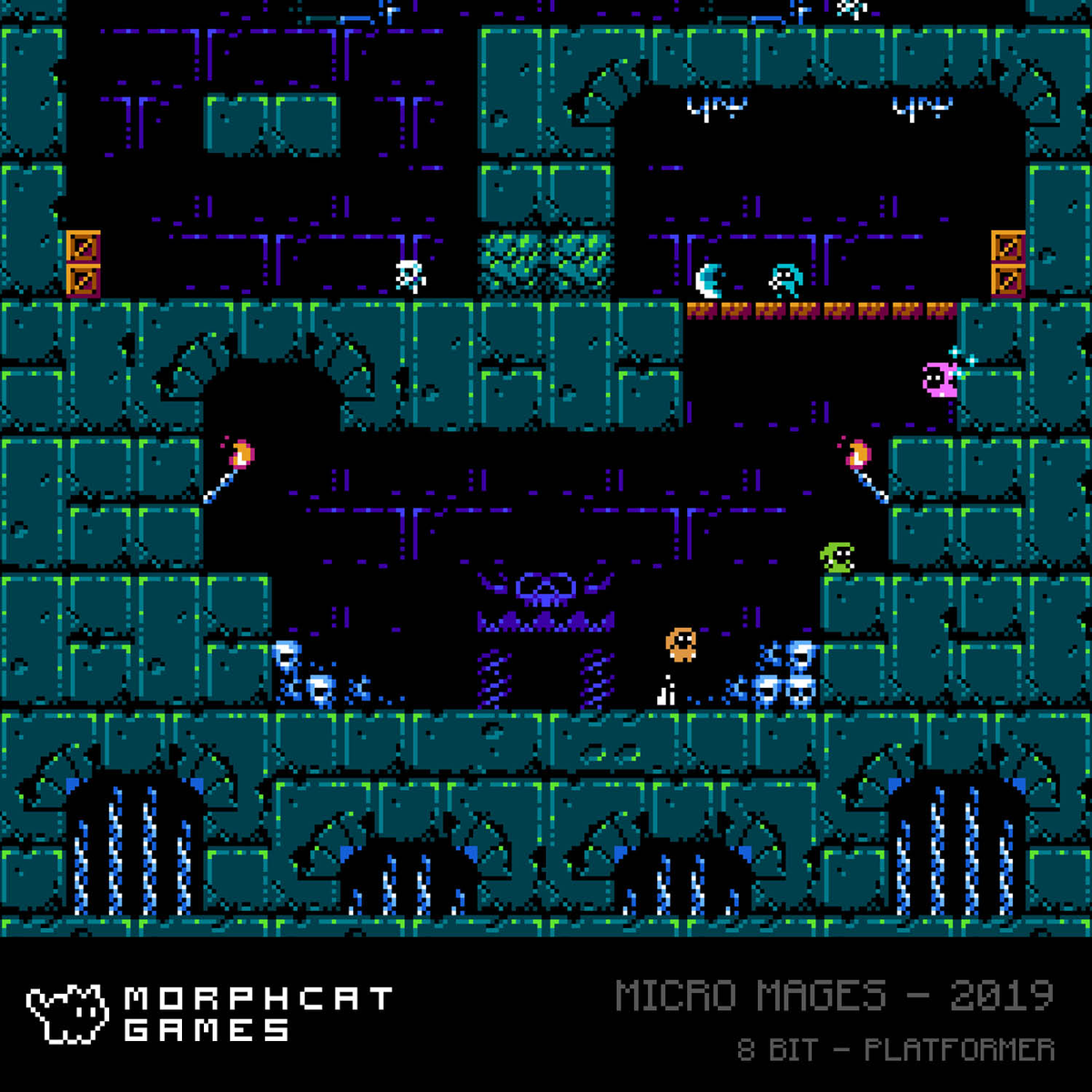 Platform pixel art con strutture verdi, blu, personaggi e accenti viola.