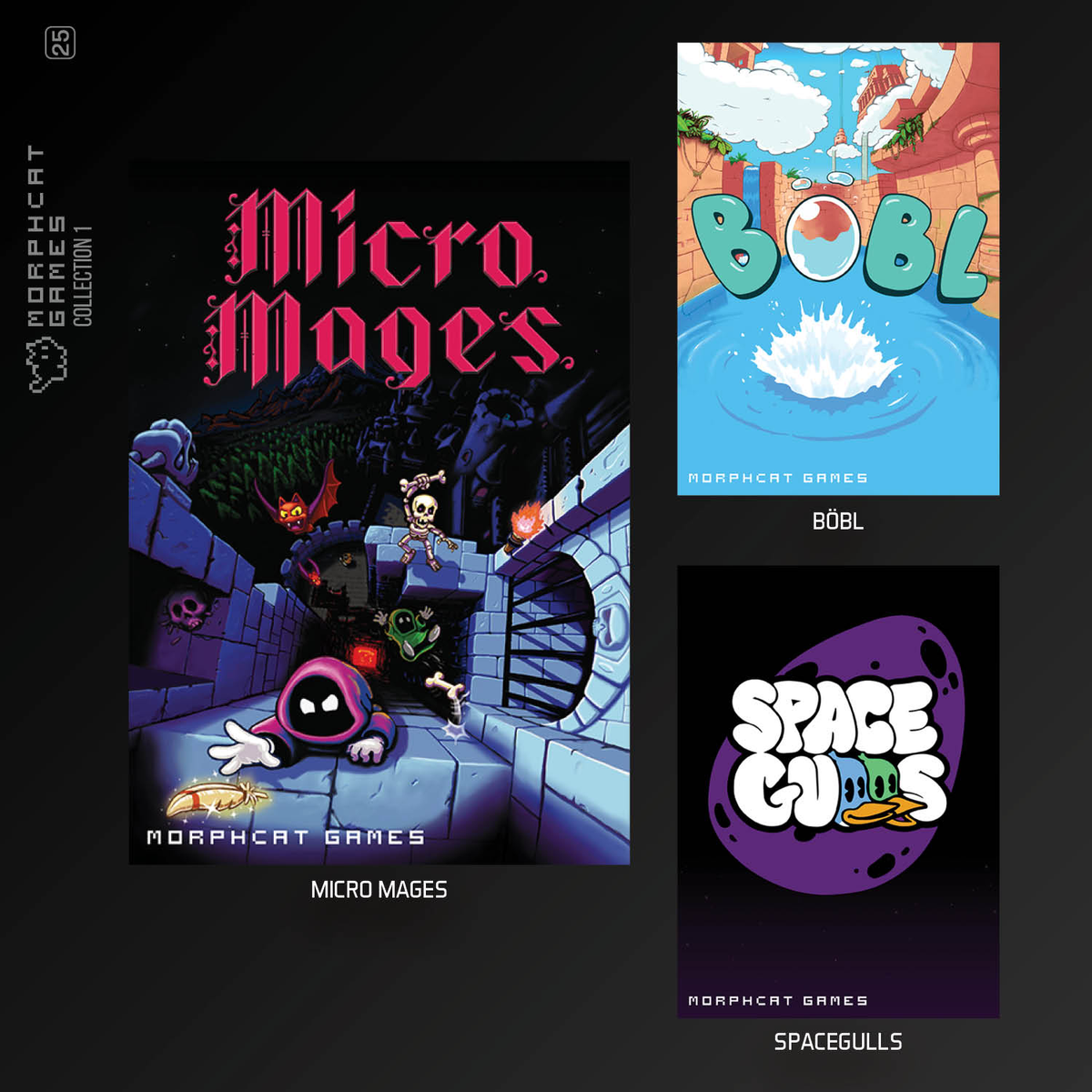 Collage di copertine di giochi: Micro Mages, Böbl e Spacegulls.