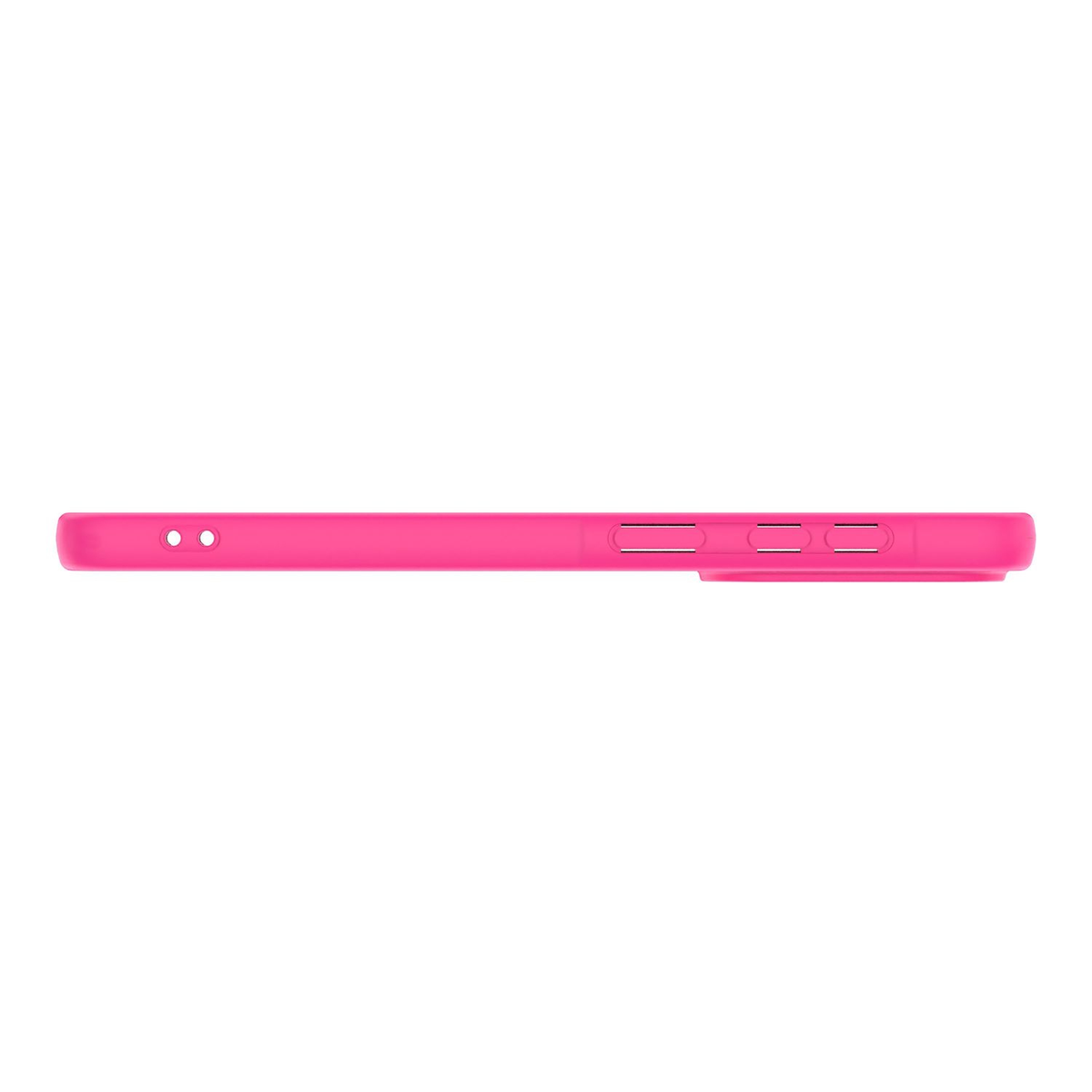 Eine schmale, leuchtend pinke Handyhülle mit Knöpfen und Lochdetails.