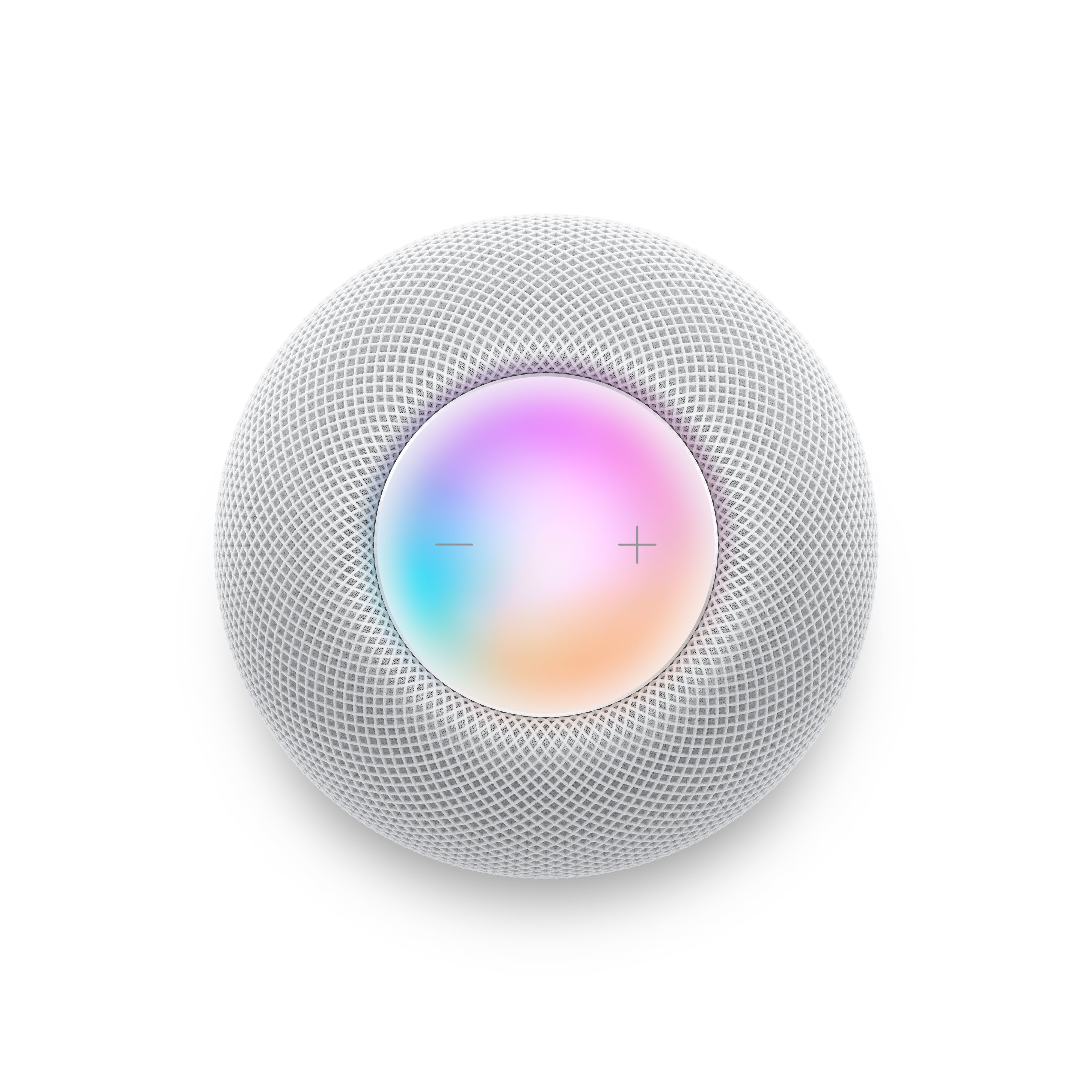 Un altavoz inteligente blanco con superficie táctil y degradado de color.