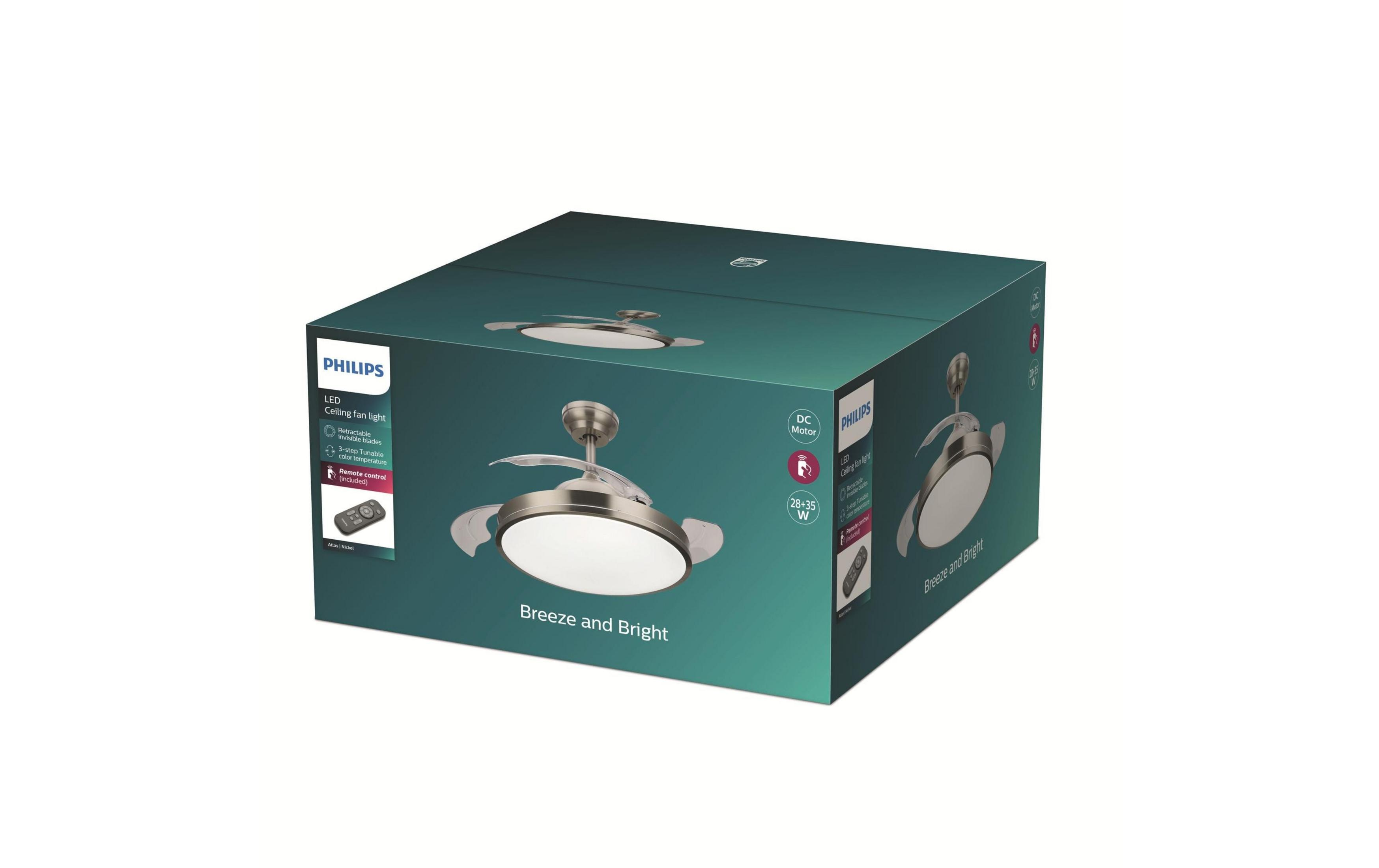 Scatola lampada ventilatore a soffitto LED Philips con pale retrattili.