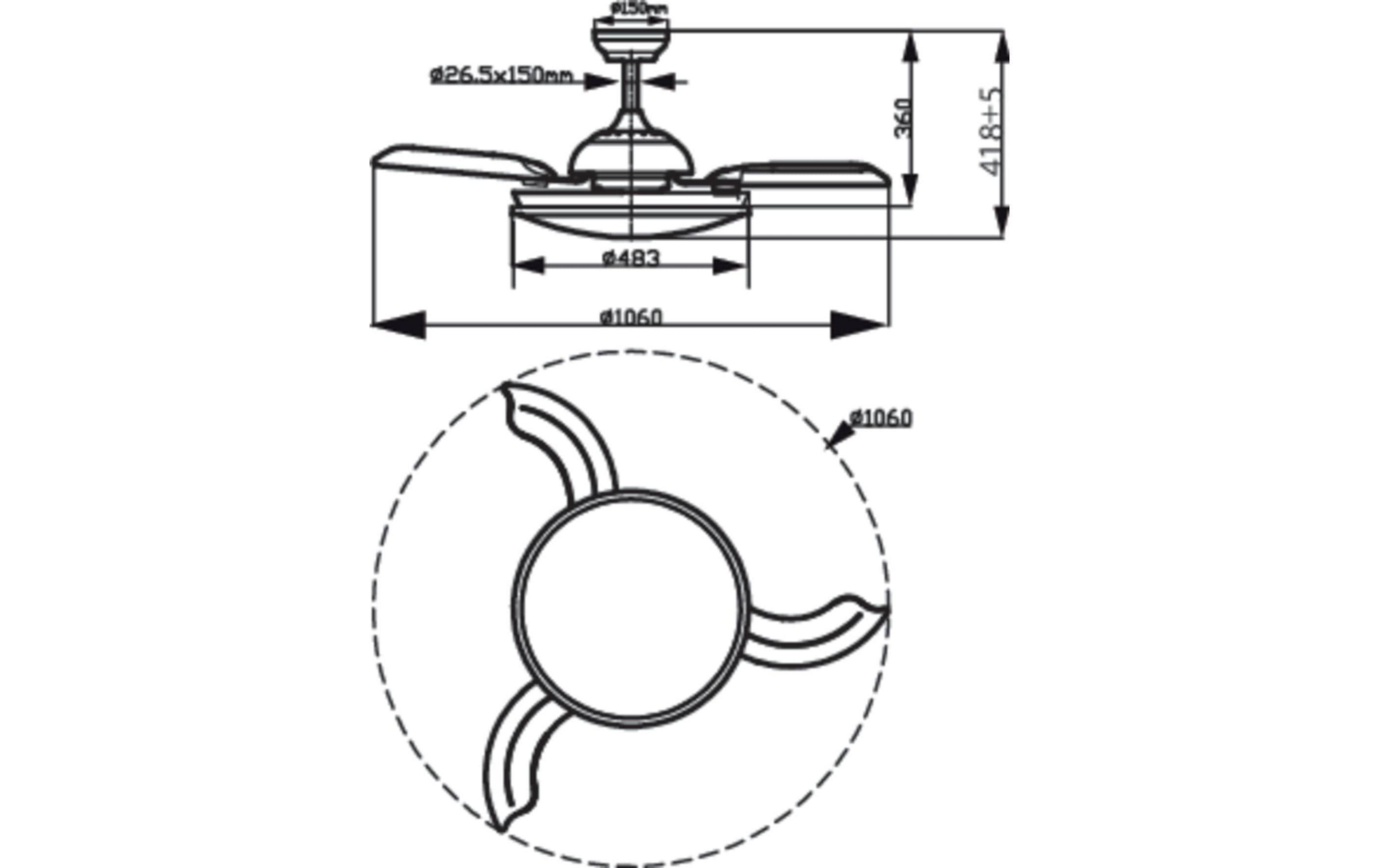 Disegno tecnico di un ventilatore da soffitto con dimensioni.