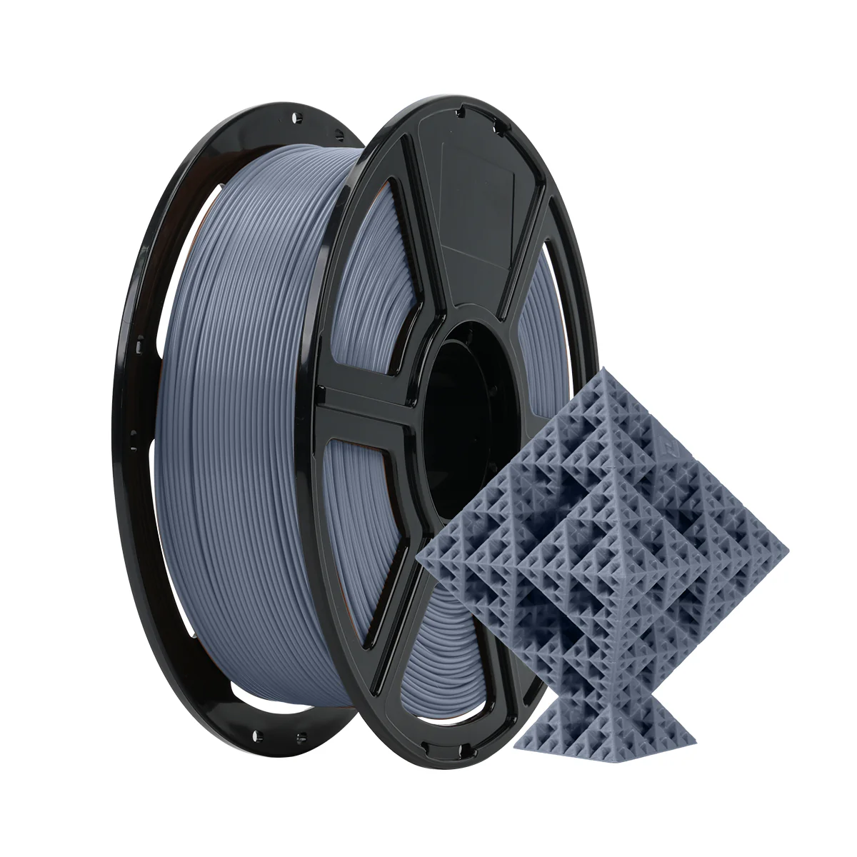 Gri 3D yazıcı bobini, gri fraktal küpün yanında.