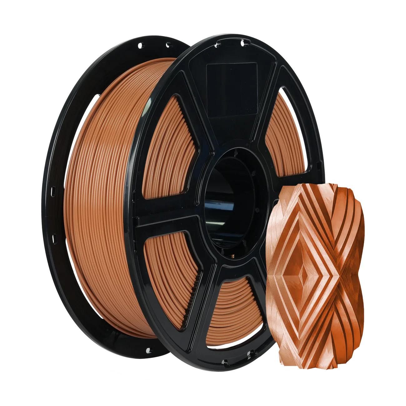 Kahverengi 3B yazıcı filament makarası ve yanında oyulmuş bir nesne.