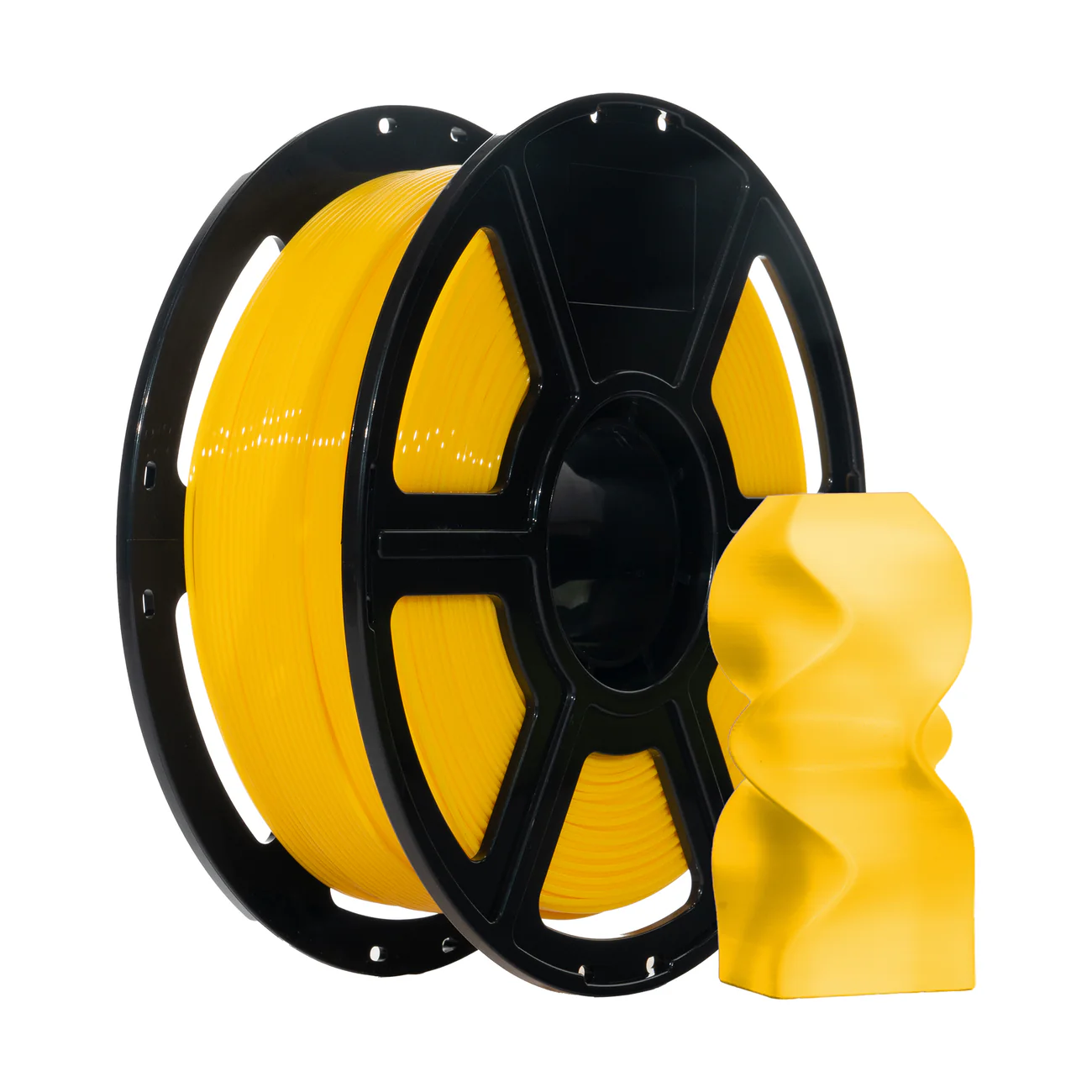 Sarı 3B yazdırma filament makarası, sarı baskılı bir nesnenin yanında.