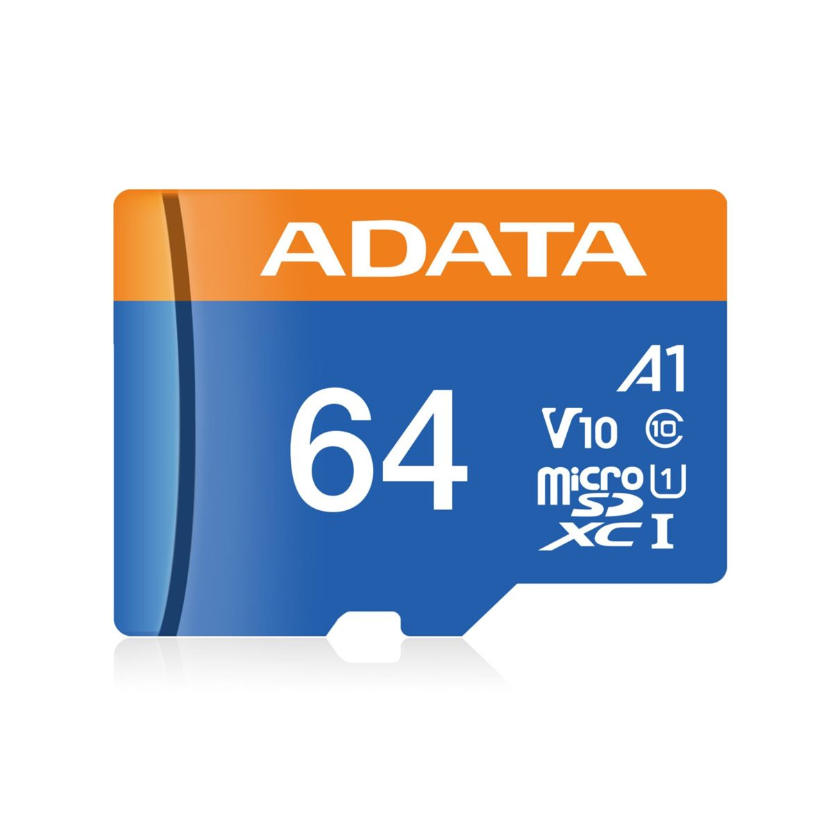 Eine ADATA 64GB MicroSDXC-Karte mit A1 V10-Bewertung auf blauem und orangem Hintergrund.