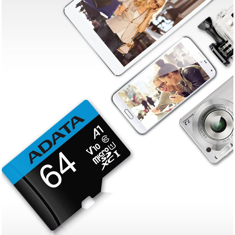 Eine ADATA 64GB MicroSD-Karte liegt neben einem Smartphone, Tablet und einer Kamera.