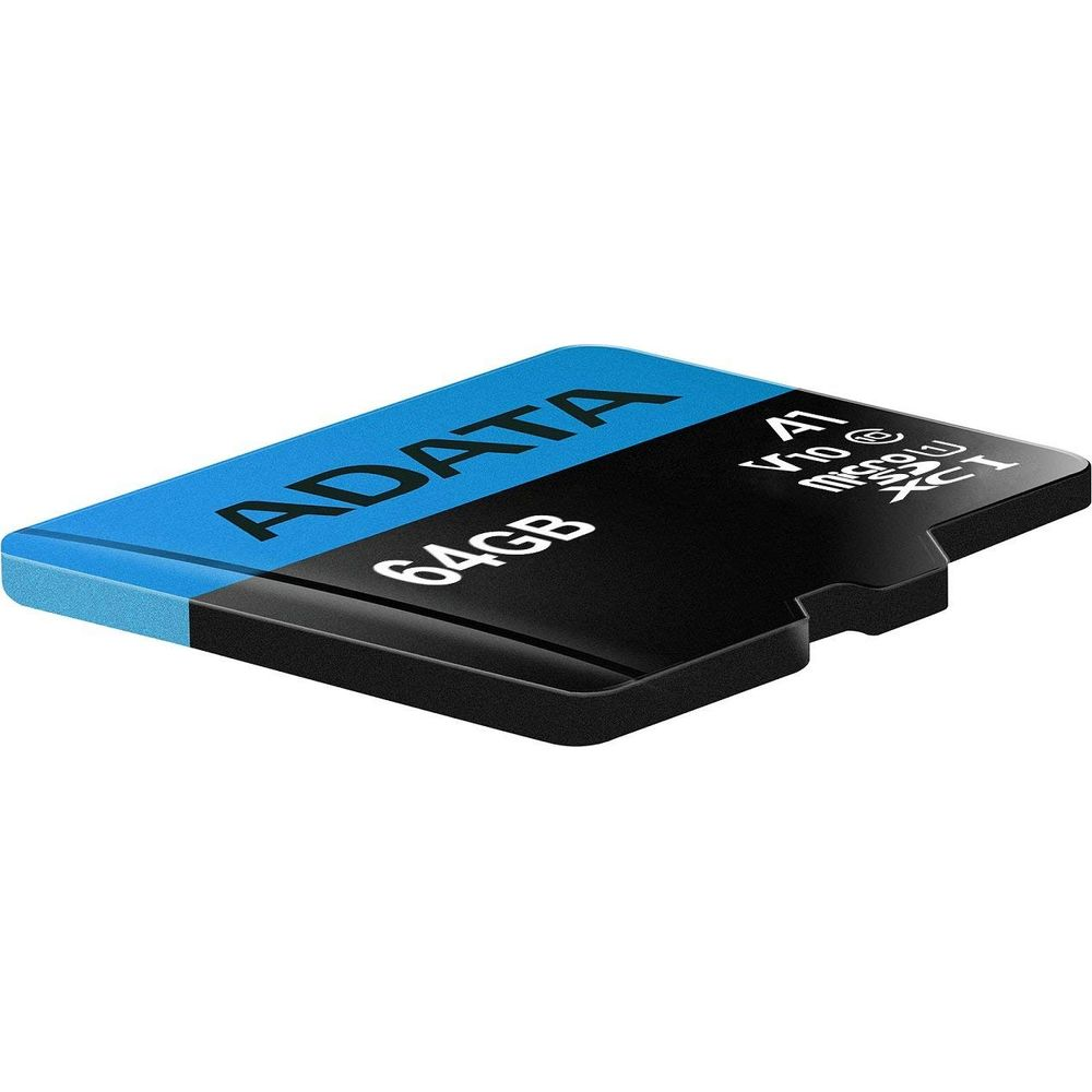 Eine blaue und schwarze ADATA 64GB MicroSD-Karte mit Aufdrucken.