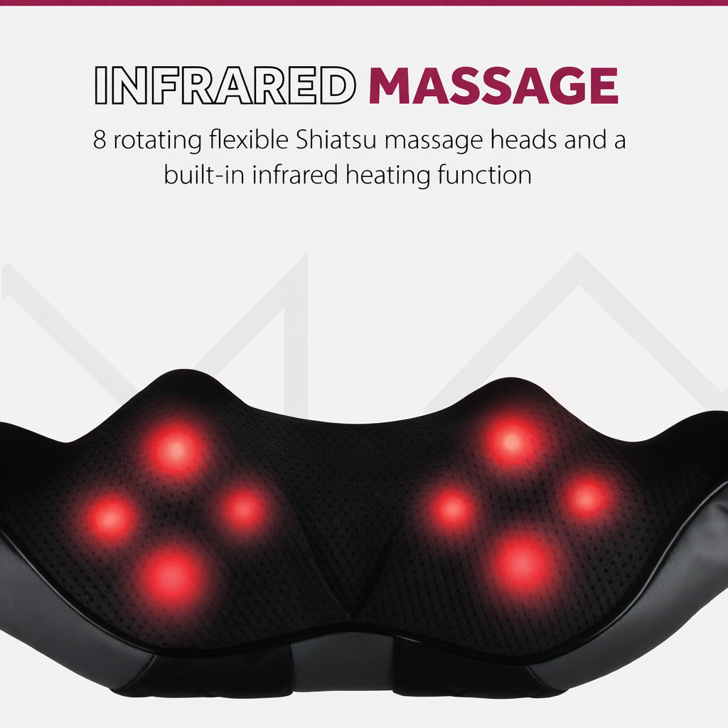 Schwarzer Massagegerät mit 8 roten Shiatsu-Köpfen und Infrarotwärme.