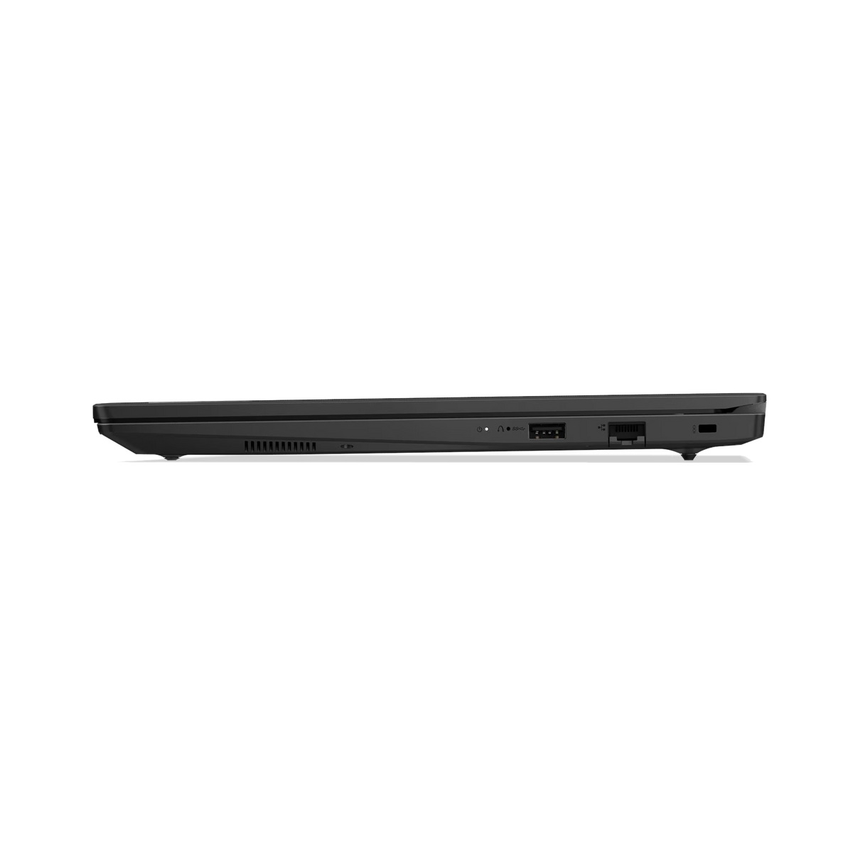 Lado de portátil negro con puertos: USB, audio y cable de red.