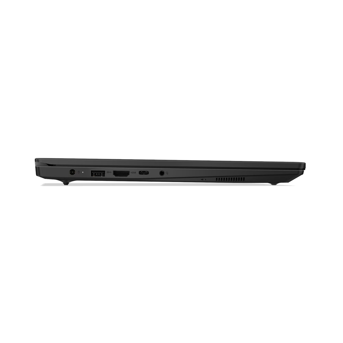 Lado izquierdo de un portátil negro cerrado que muestra puertos: USB-C, HDMI, toma de auriculares.