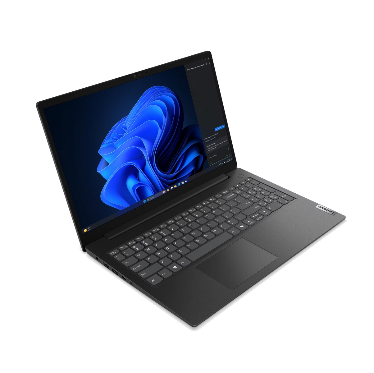 Un portátil Lenovo negro abierto con un fondo de pantalla abstracto azul en su pantalla.
