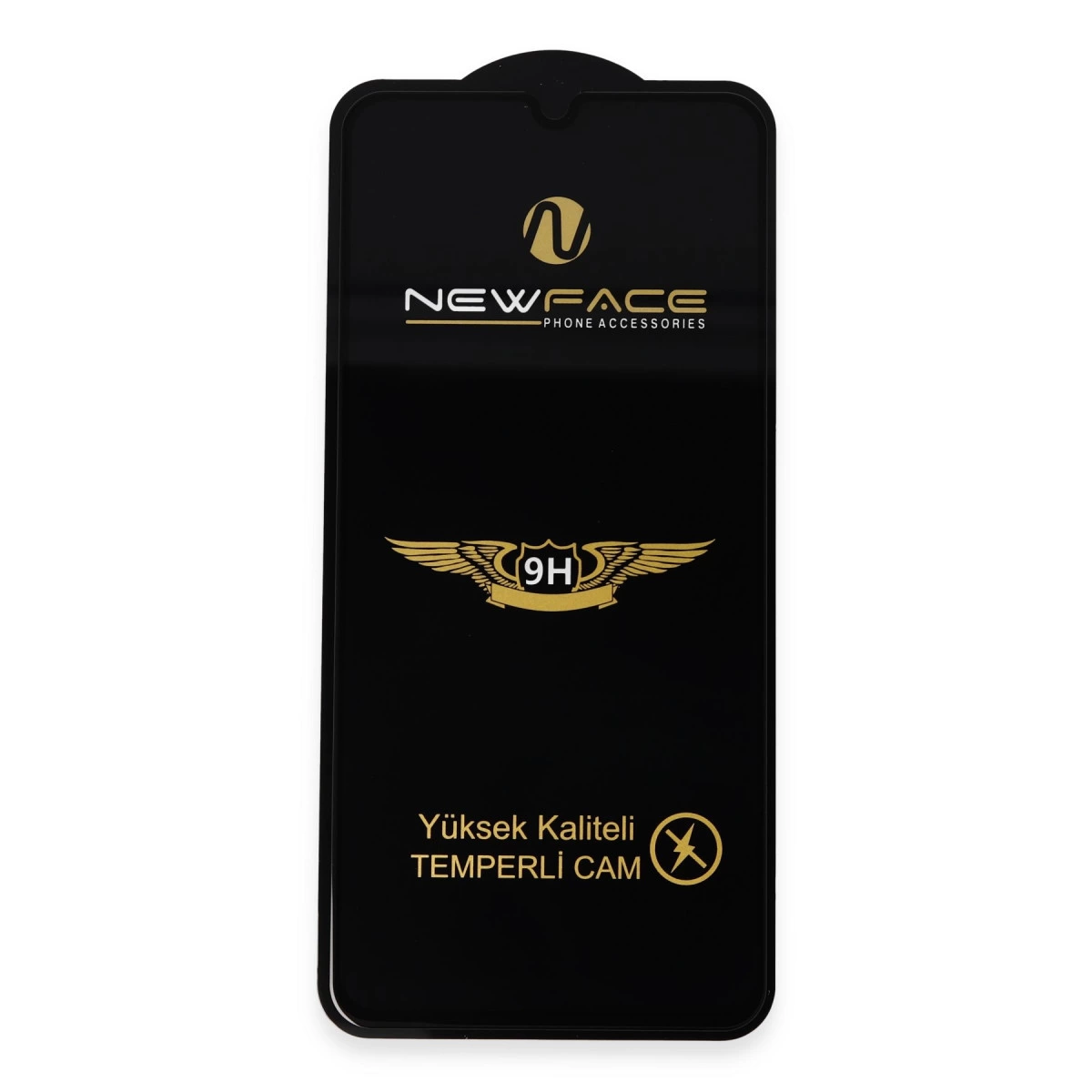 Altın logolu ve yazılı telefon aksesuarları için siyah ambalaj.