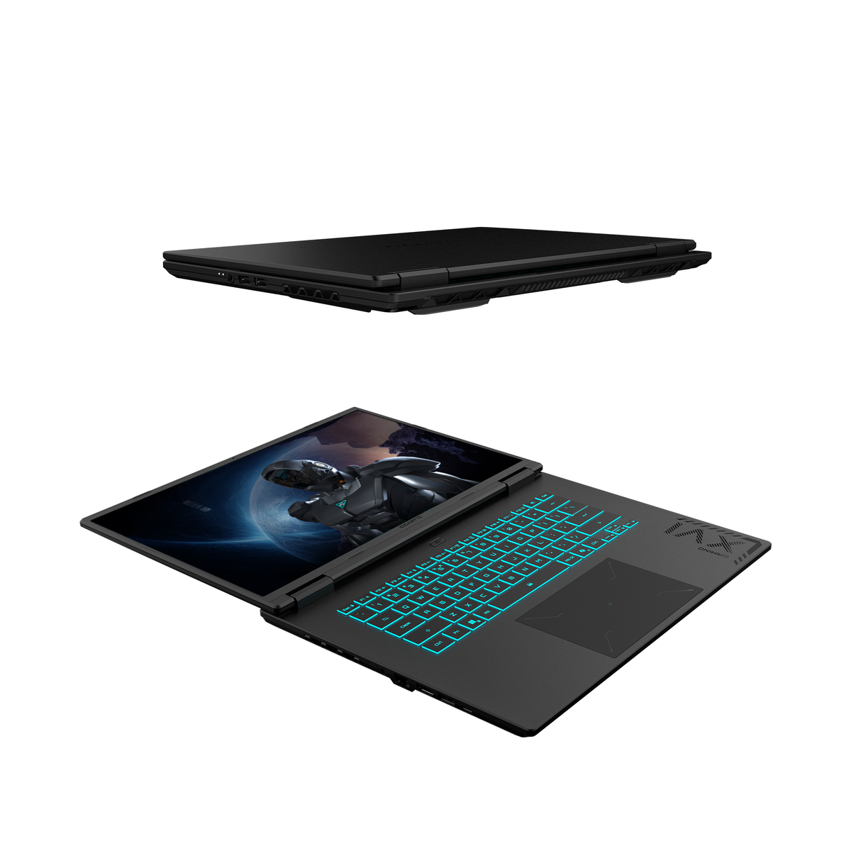 Portátil negro cerrado y abierto con teclado e pantalla iluminados.