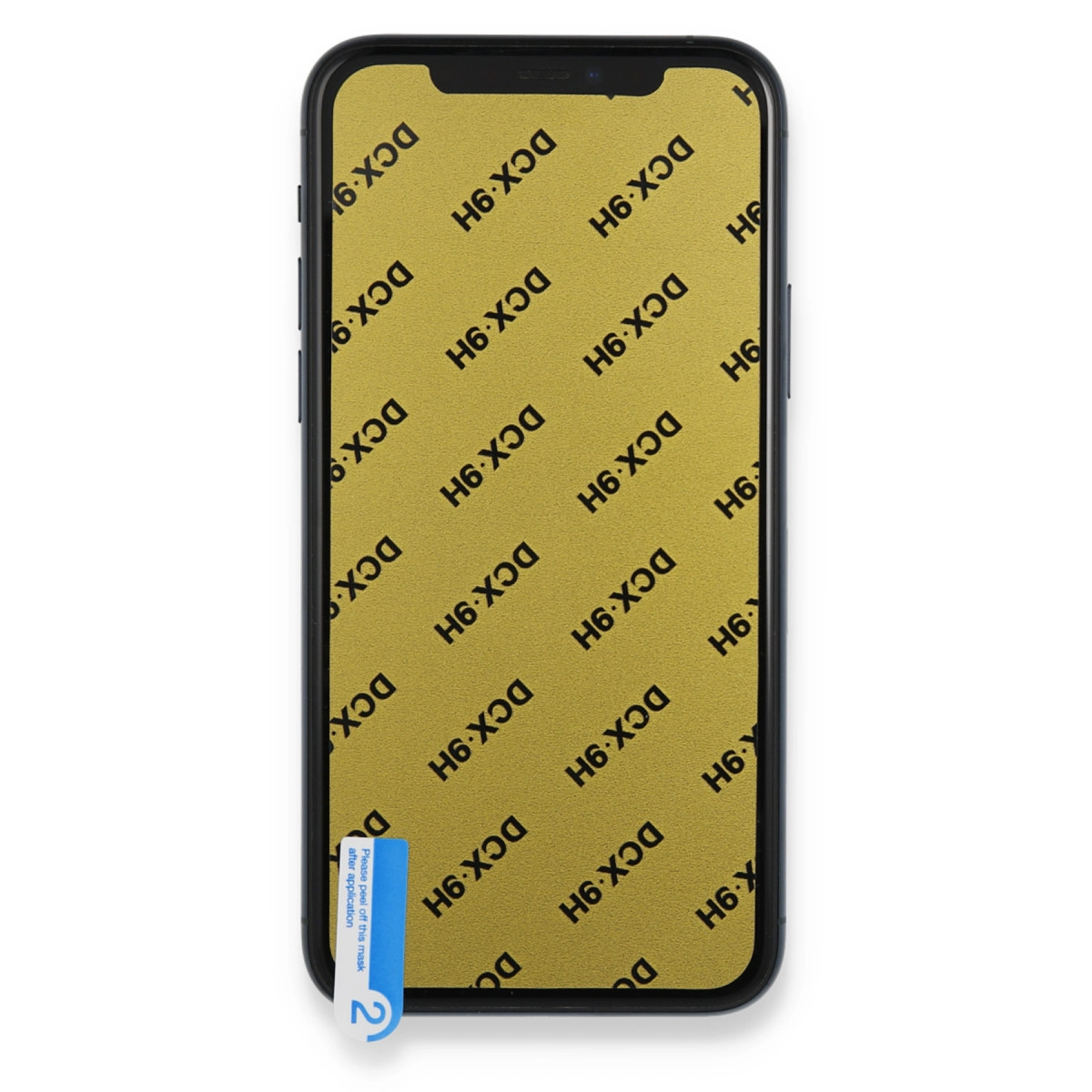 DCX-9H baskılı ekran koruyuculu bir akıllı telefon.