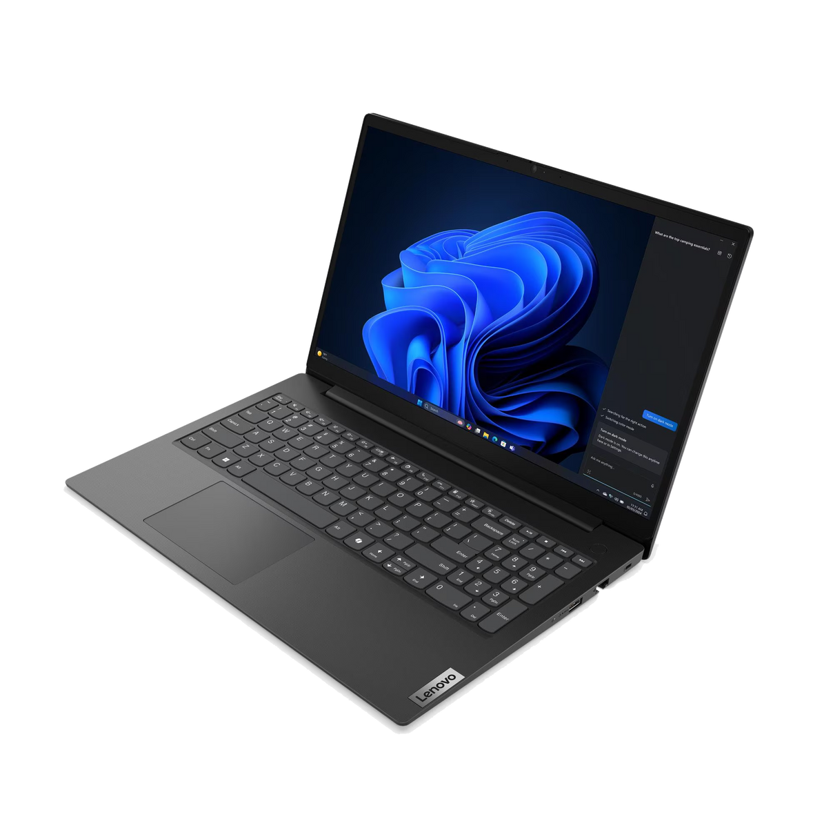 Un portátil Lenovo gris cerrado con un fondo de pantalla azul abstracto en su pantalla.