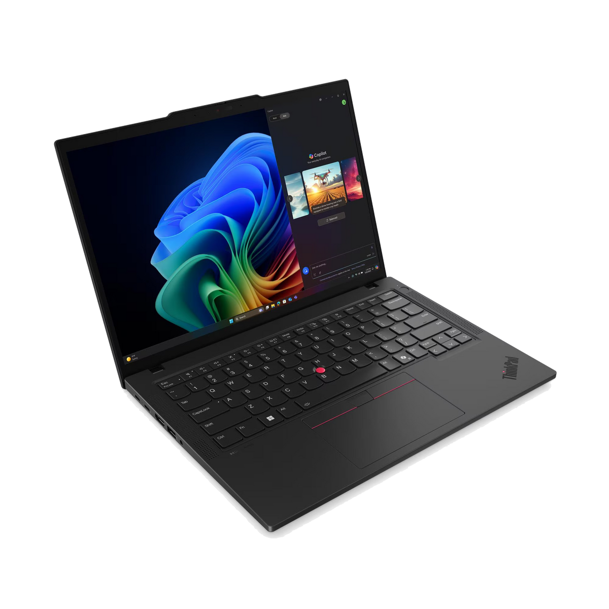 Un portátil negro con un fondo de pantalla colorido en la pantalla.