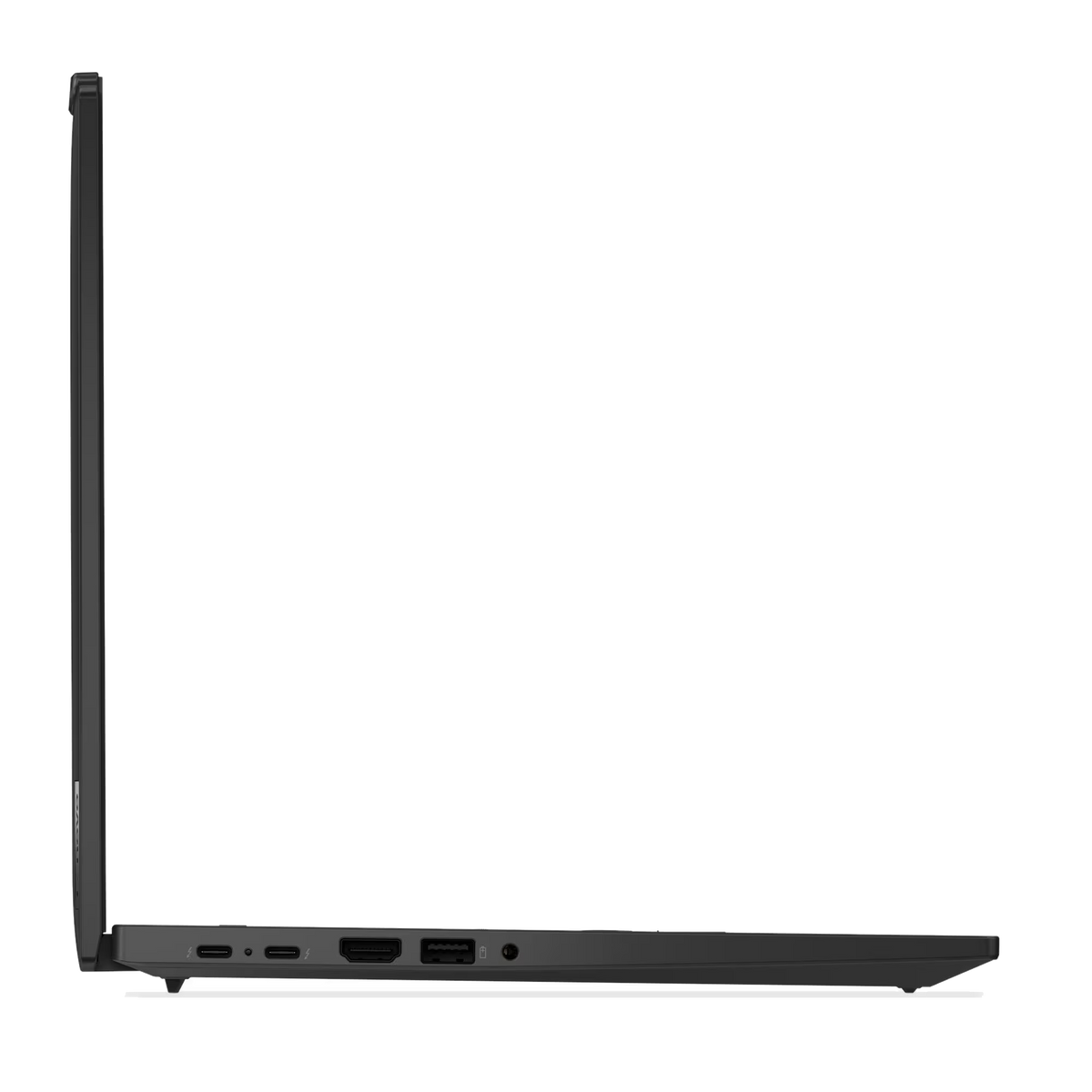 Un portátil oscuro en perfil. Puertos visibles: USB-C, HDMI, lector de tarjetas SD.