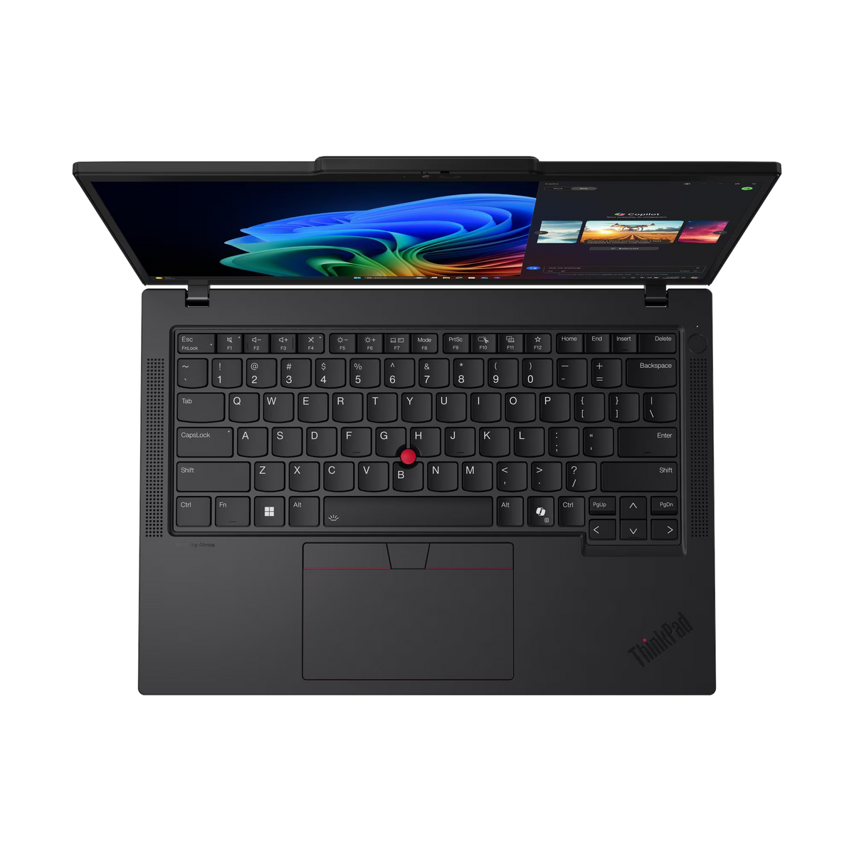 Un portátil negro ThinkPad abierto muestra teclado y touchpad. La pantalla muestra fondo de pantalla colorido.