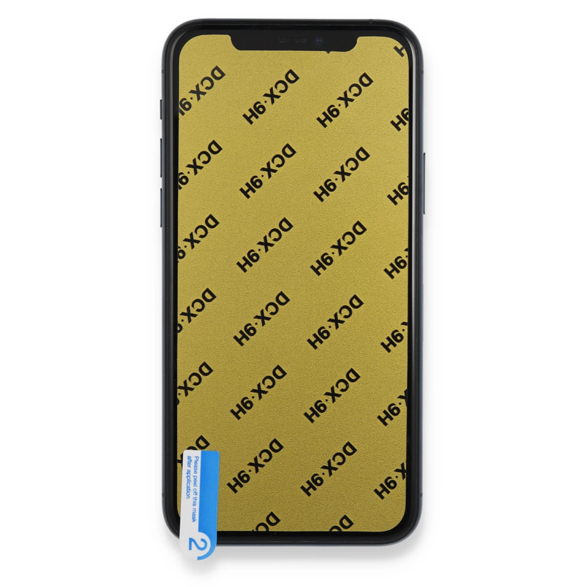 Ekran koruyucusu üzerinde "DCX-9H" yazılı bir akıllı telefon.