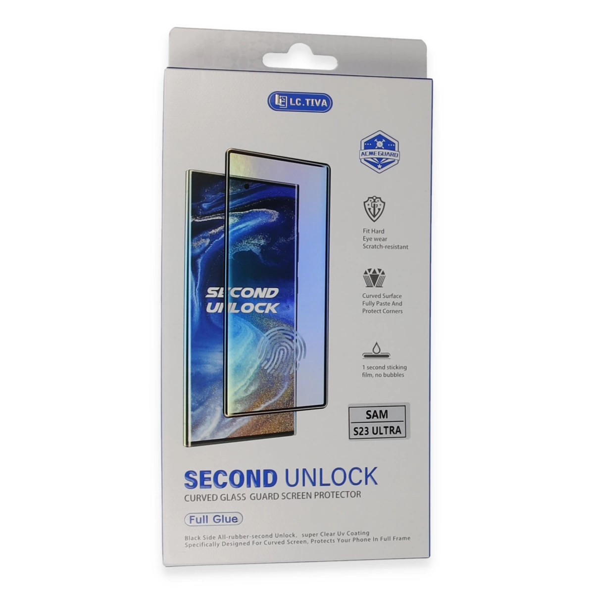 Samsung S23 Ultra kavisli cam ekran koruyucu kutusu.