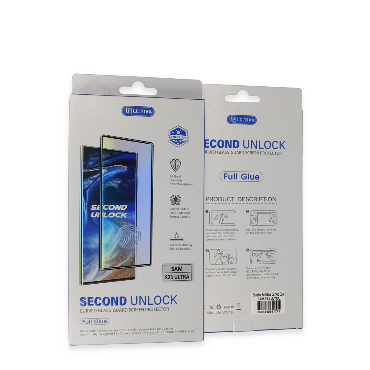 Samsung S23 Ultra kavisli ekran koruyucu ambalajı.