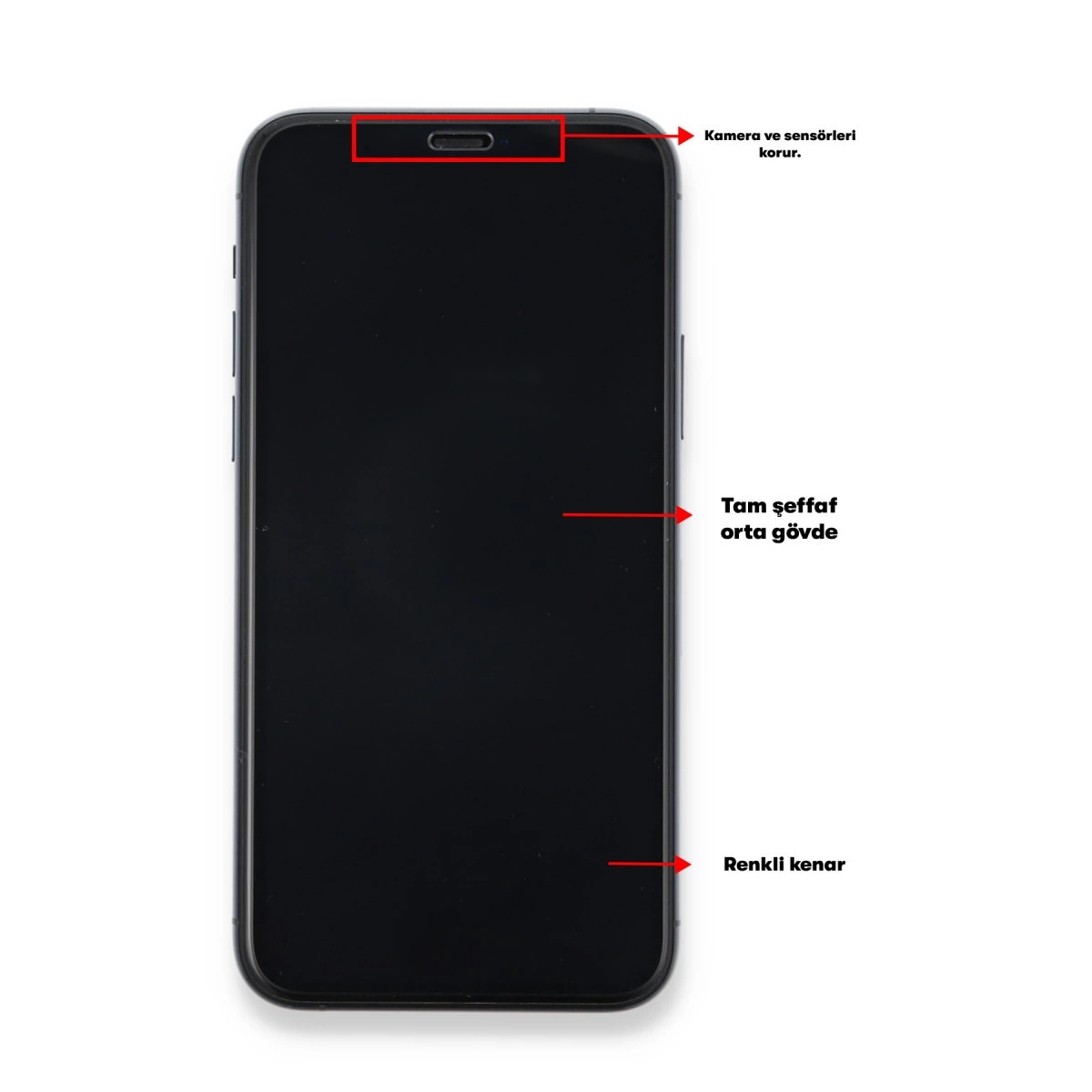 Siyah ekranlı koyu akıllı telefon. Üstte kamera girintisi.
