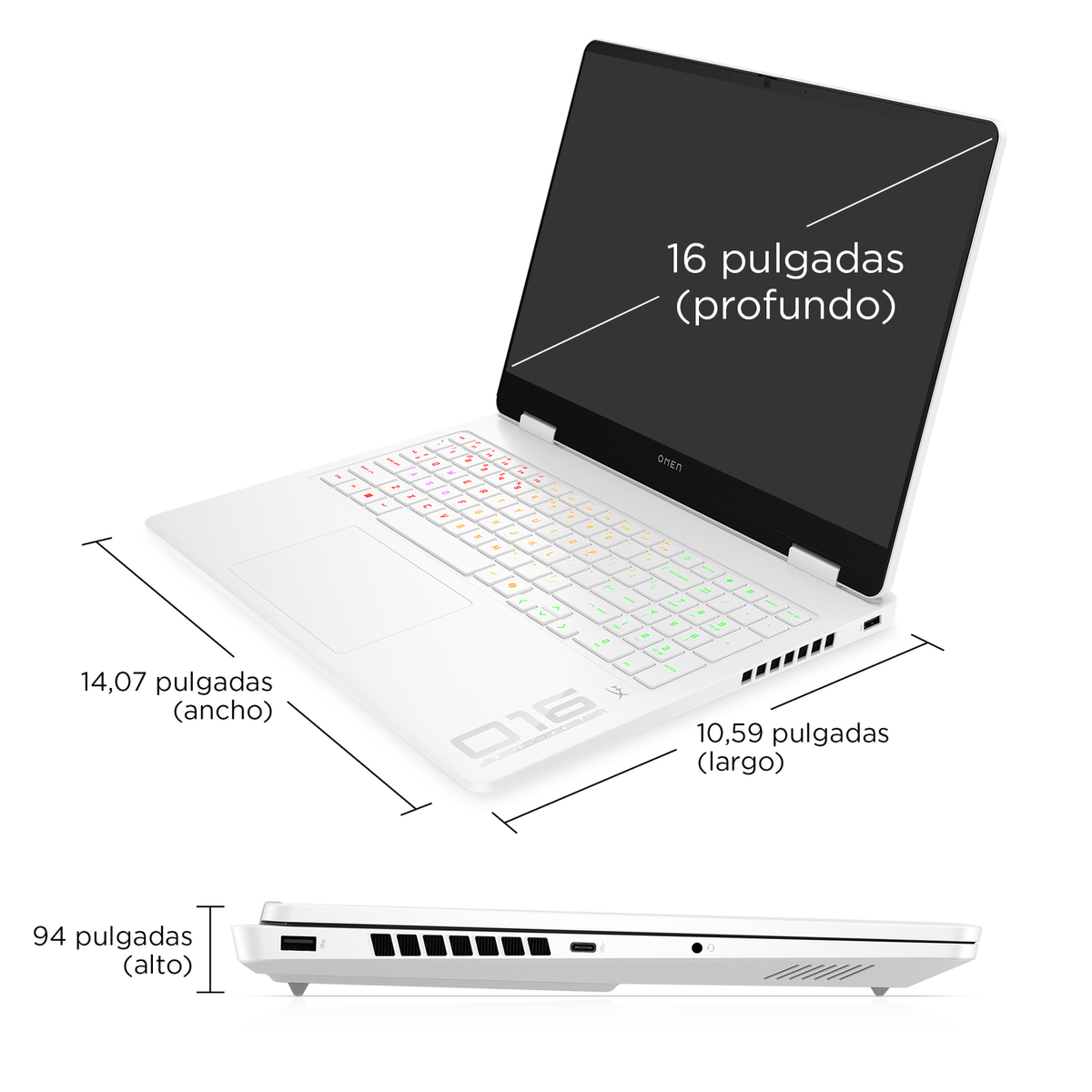 Laptop blanco con dimensiones etiquetadas: 16" profundidad, 14,07" ancho, 10,59" largo, 0,94" alto.