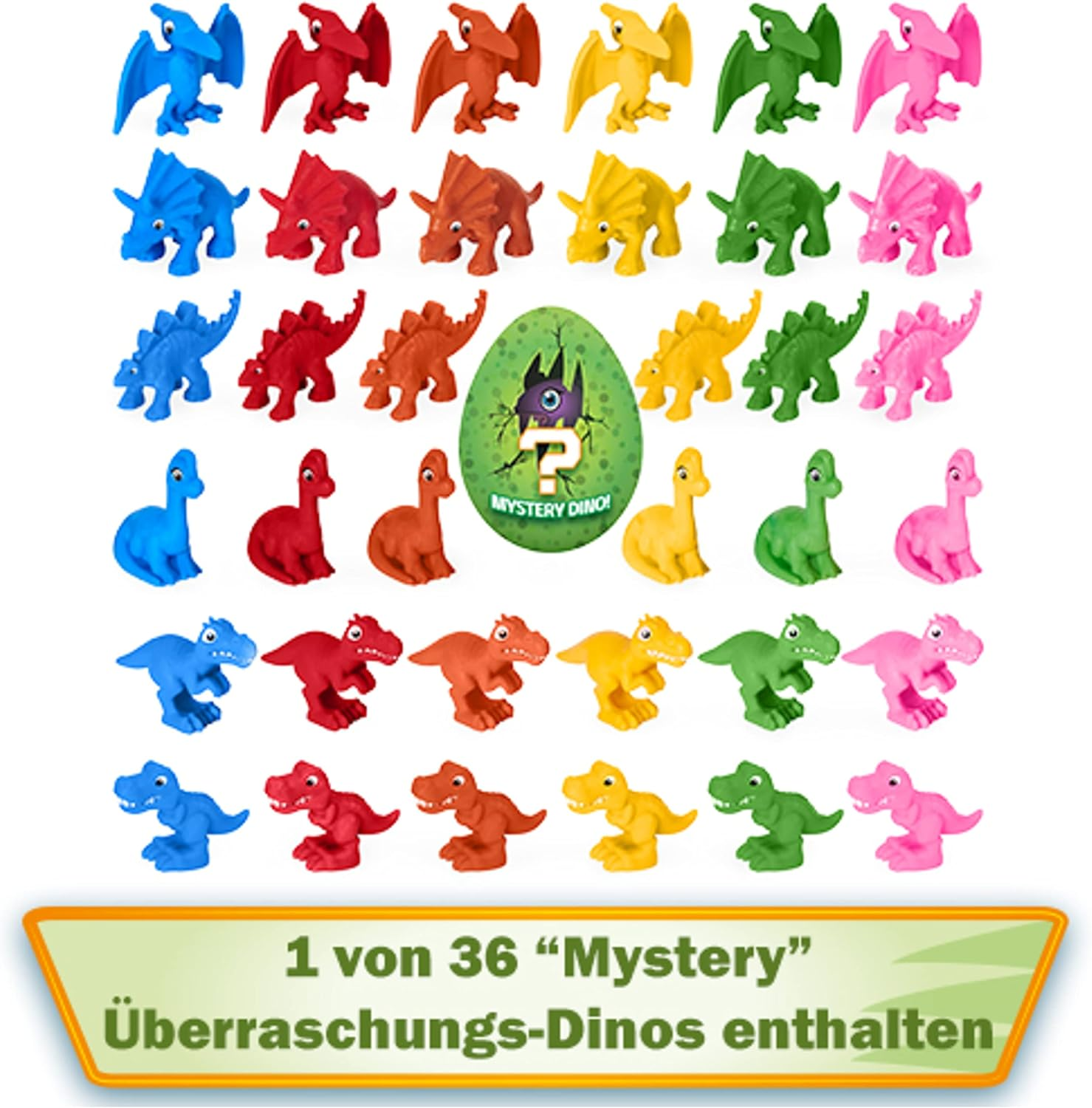 Molti piccoli dinosauri colorati e un uovo verde.