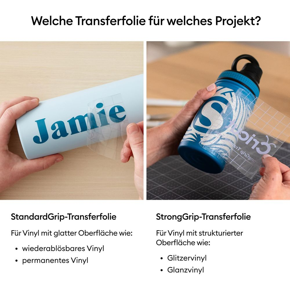 Dos ejemplos de cinta de transferencia: StandardGrip en vaso azul claro, StrongGrip en vaso azul.