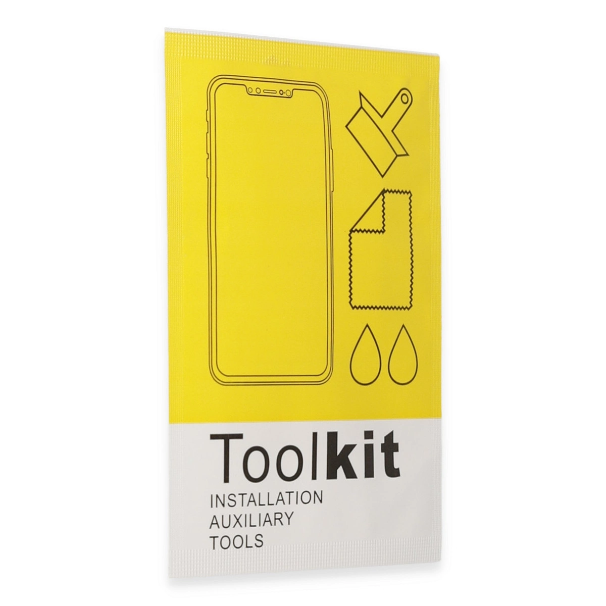 Telefon, silecek, bez ve damla ikonlu sarı paket. Metin: Toolkit.
