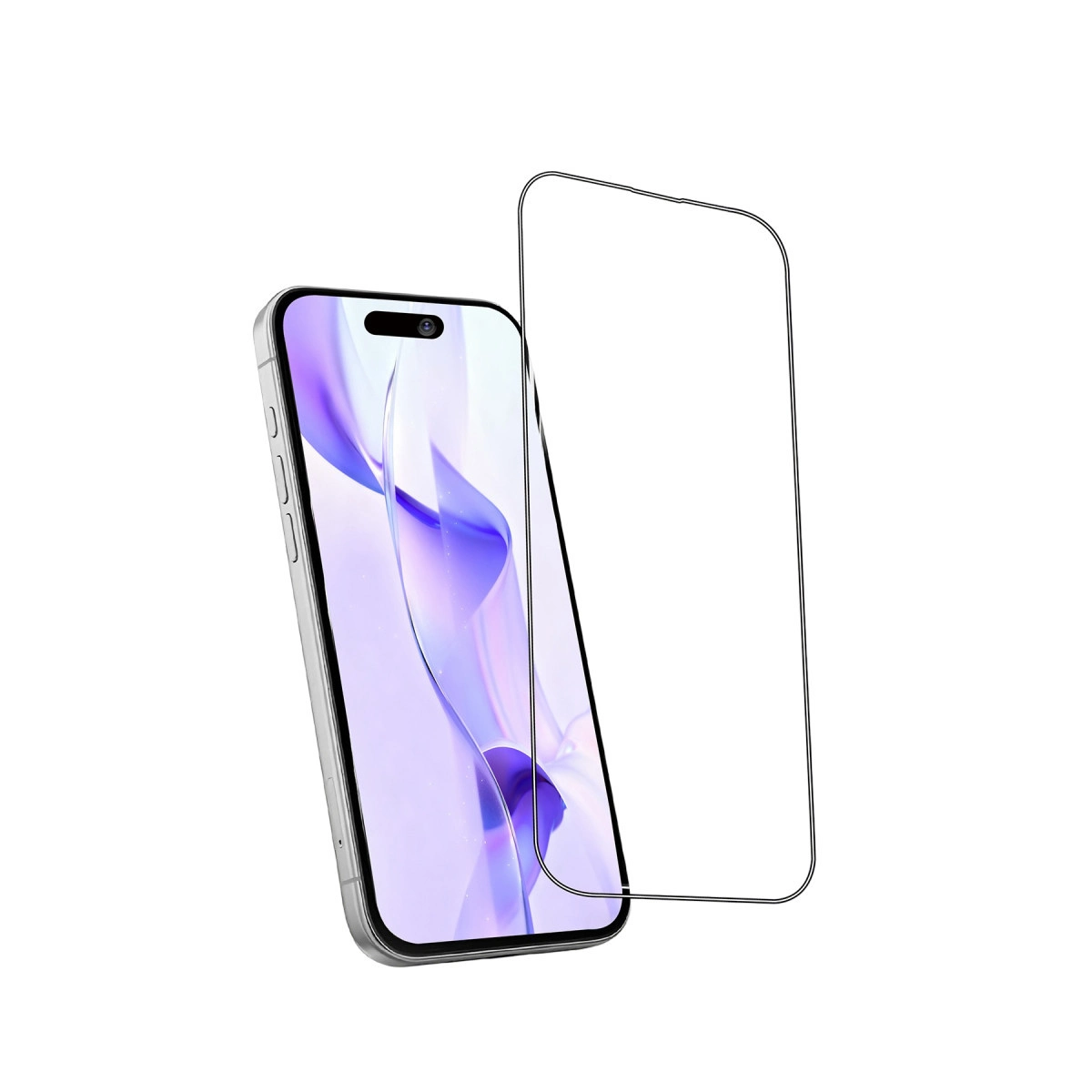 Gümüş akıllı telefonun üzerinde ekran koruyucu beyaz arka planda.
