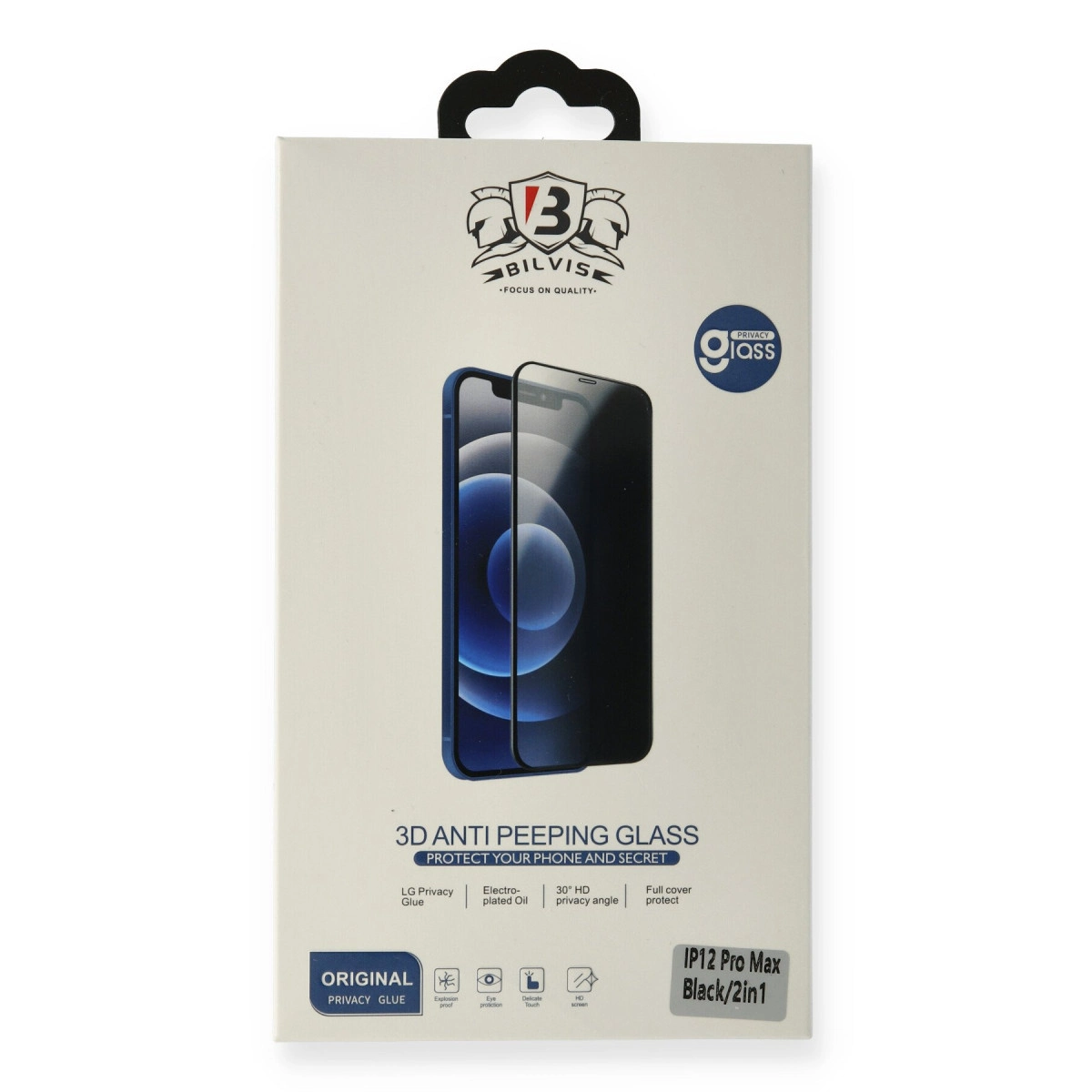 iPhone 12 Pro Max, siyah için 3D gizlilik önleyici cam kutusu.