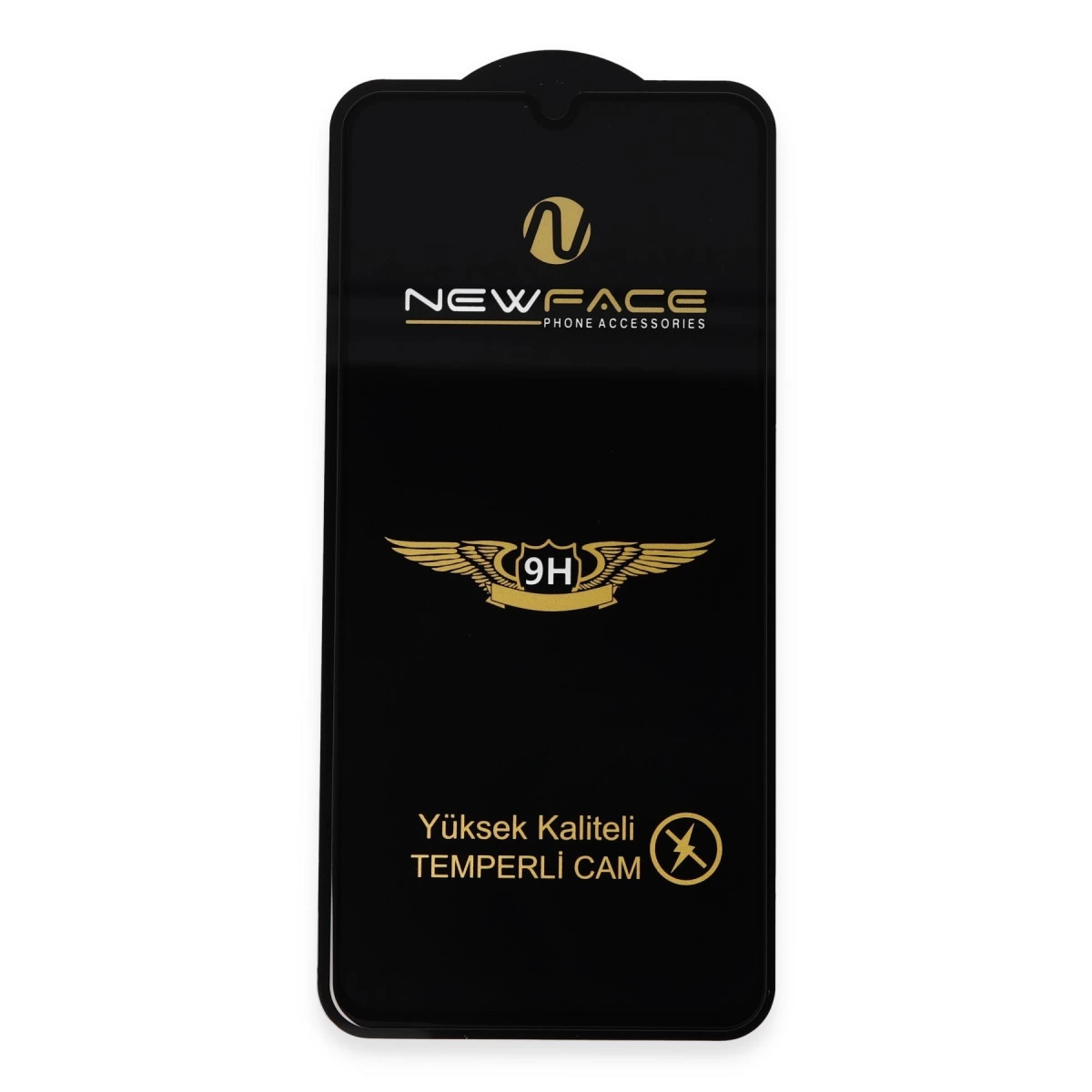 Altın logolu ve yazılı siyah telefon aksesuarı ambalajı.