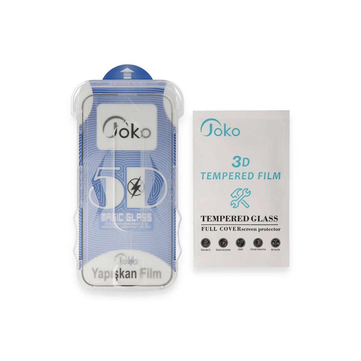 Joko 3D temperli cam ekran koruyucu pakette, yanında temizleme mendili.
