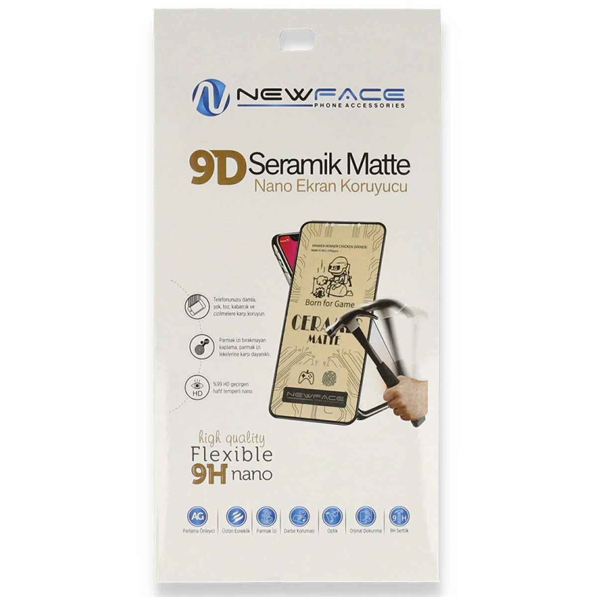 Çekiç testli 9D Seramik Mat telefon ekran koruyucu ambalajı.