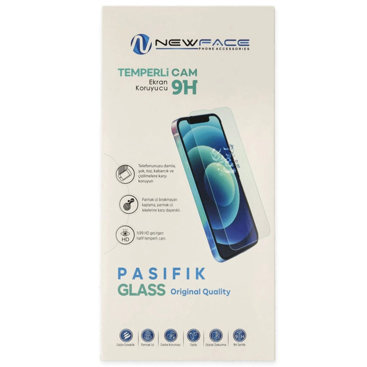 iPhone modelinin özelliklerini vurgulayan temperli cam ekran koruyucu ambalajı.