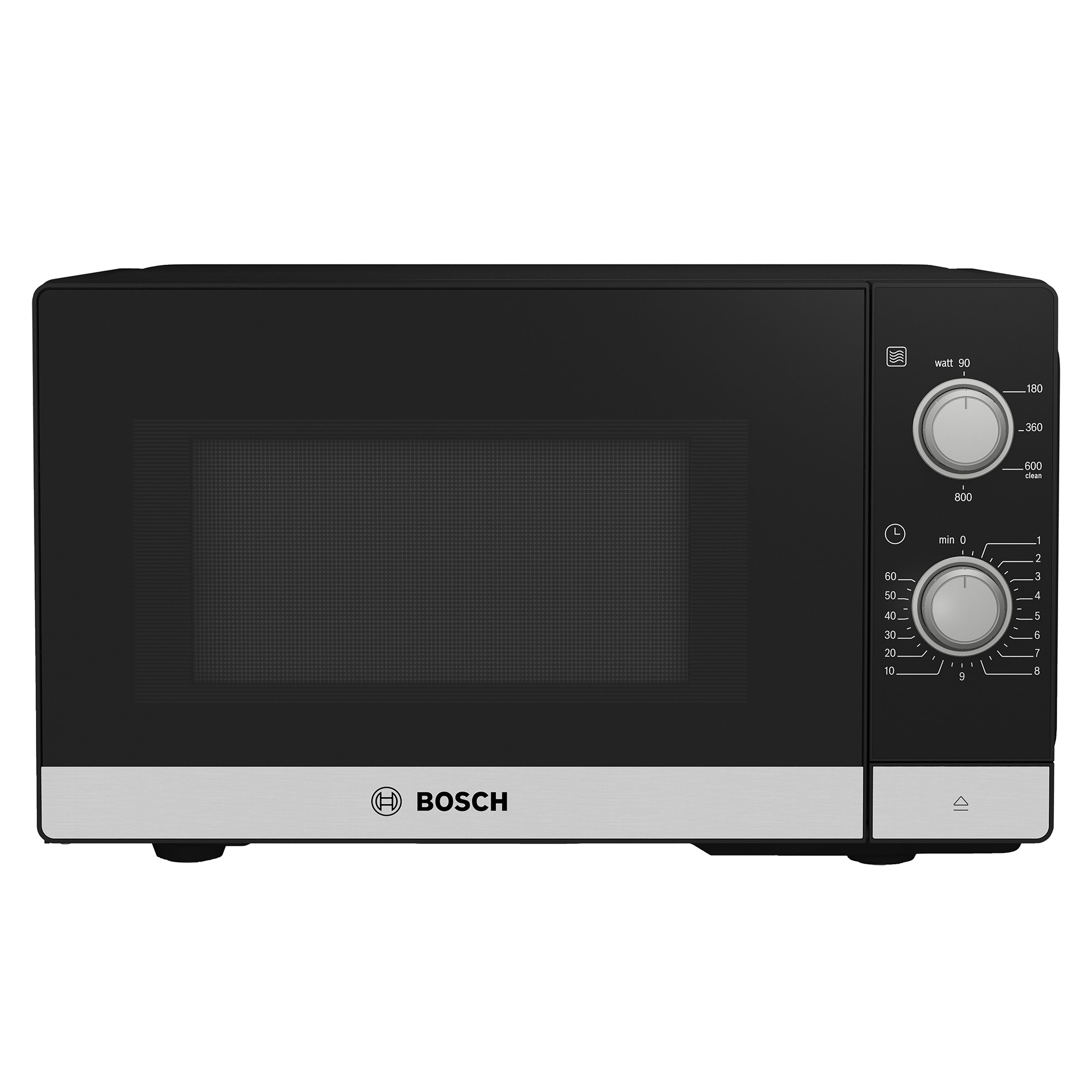 Czarna kuchenka mikrofalowa Bosch z srebrnym wykończeniem i pokrętłami.