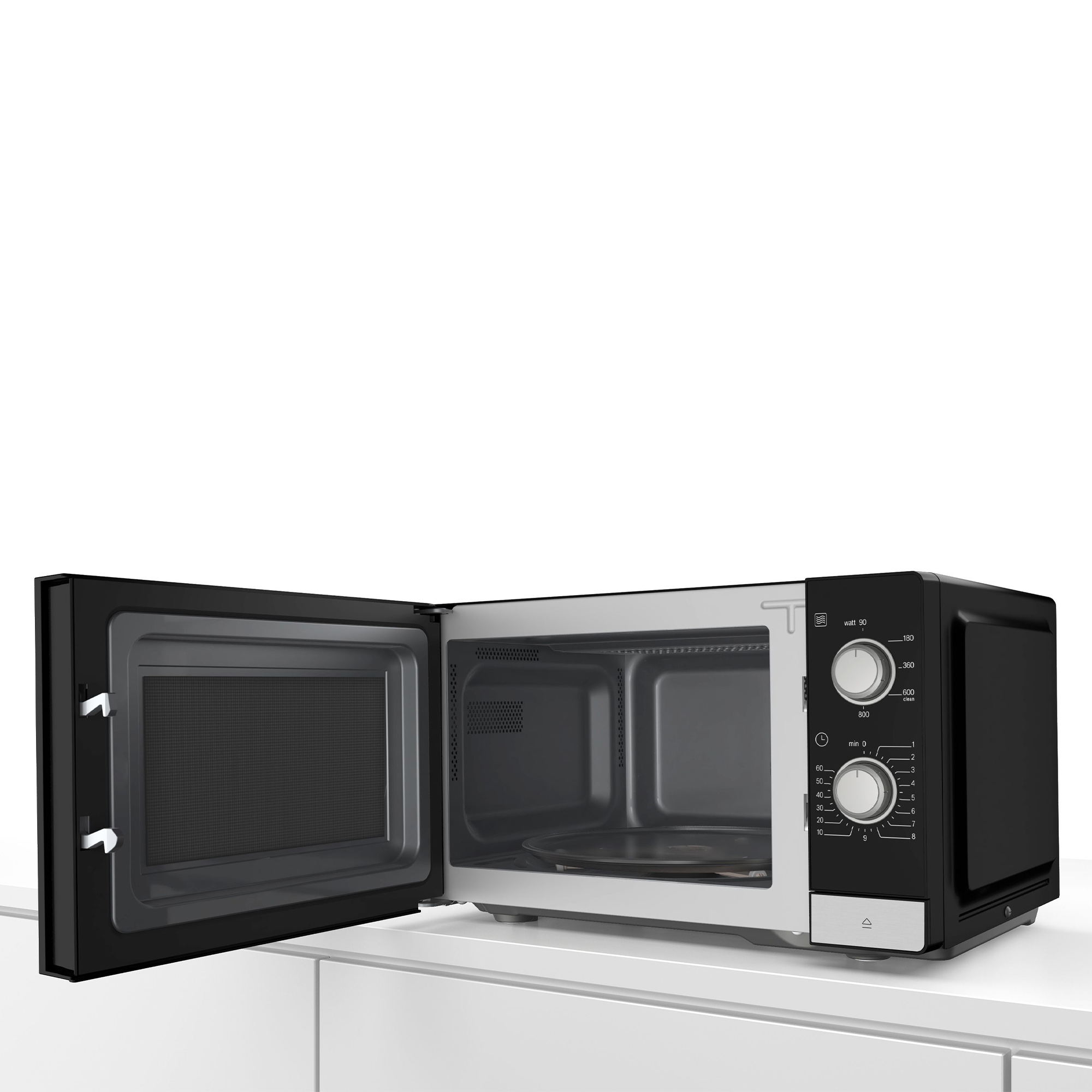 Otwarty czarny piekarnik mikrofalowy z obrotowym talerzem w środku.