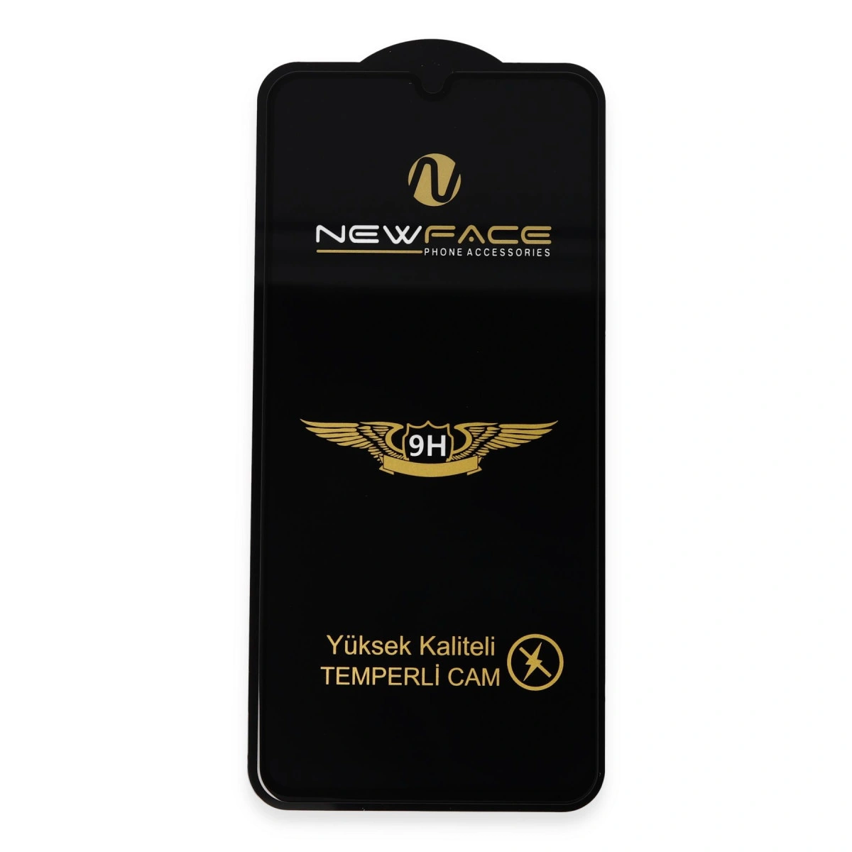Altın rengi logo ve yazıya sahip ekran koruyucu için siyah ambalaj.