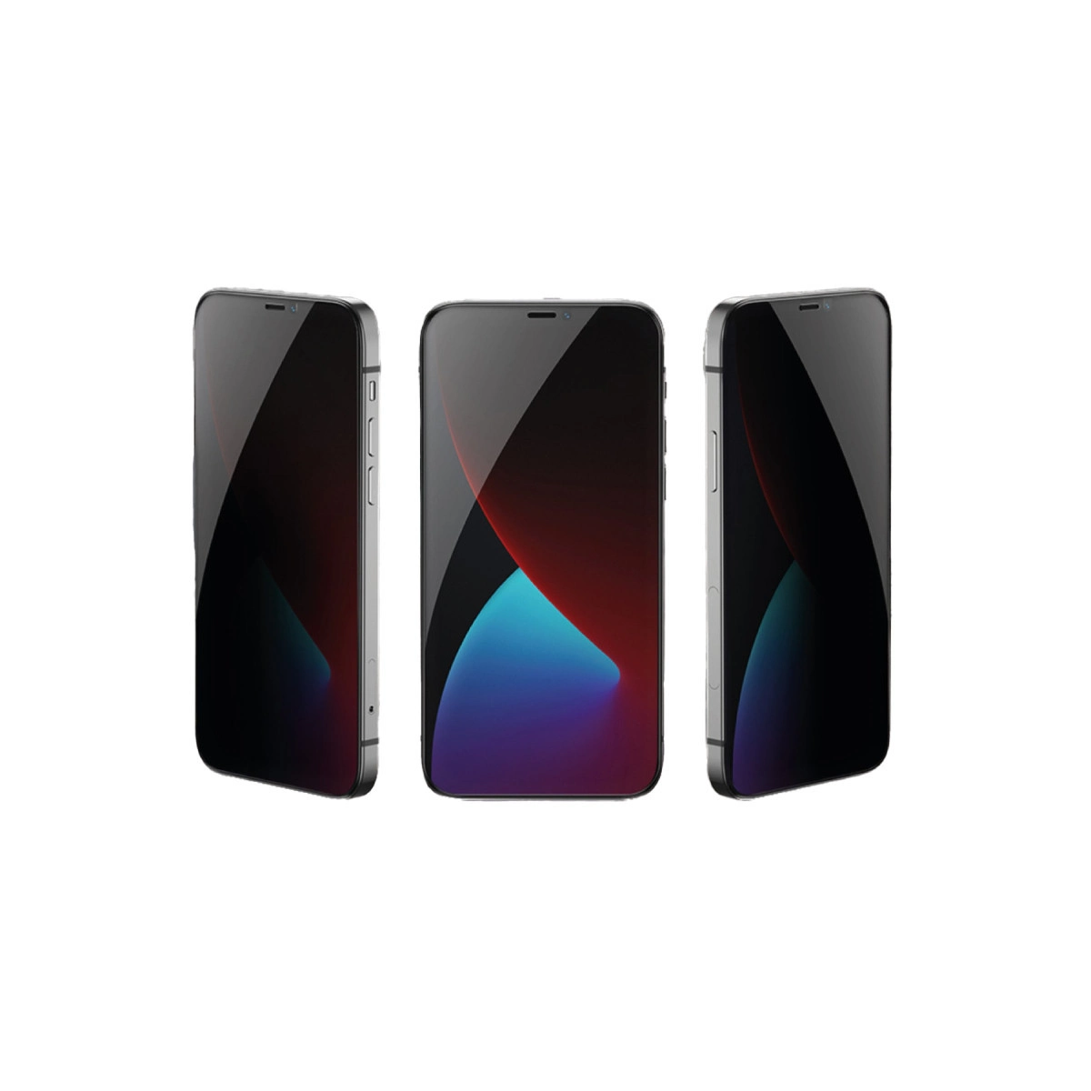 Beyaz arka planda farklı açılardan gösterilen üç iPhone.