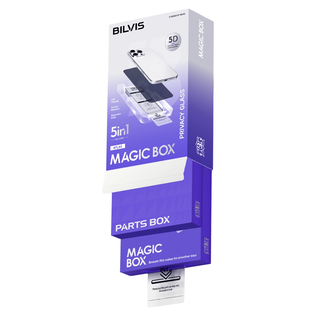 Telefonlar için gizlilik camlı Bilvis Magic Box. Uygulama aleti içerir.
