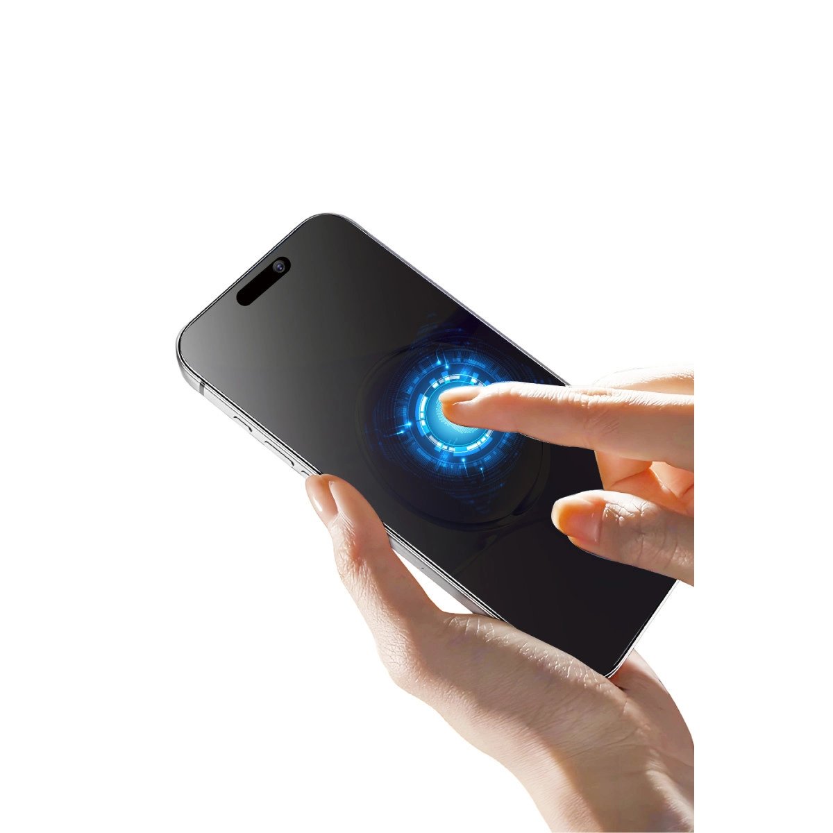 Parmak, koyu akıllı telefon ekranındaki parlak mavi daireye dokunuyor.
