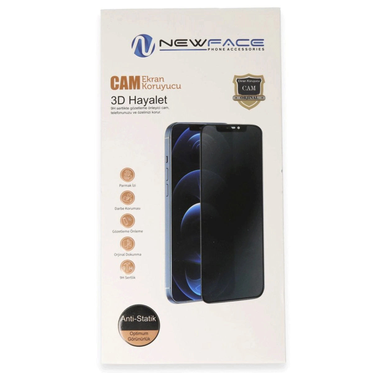 Akıllı telefonlu ekran koruyucu ambalajı. "NEWFACE", "CAM" ve "3D Hayalet" yazılı.