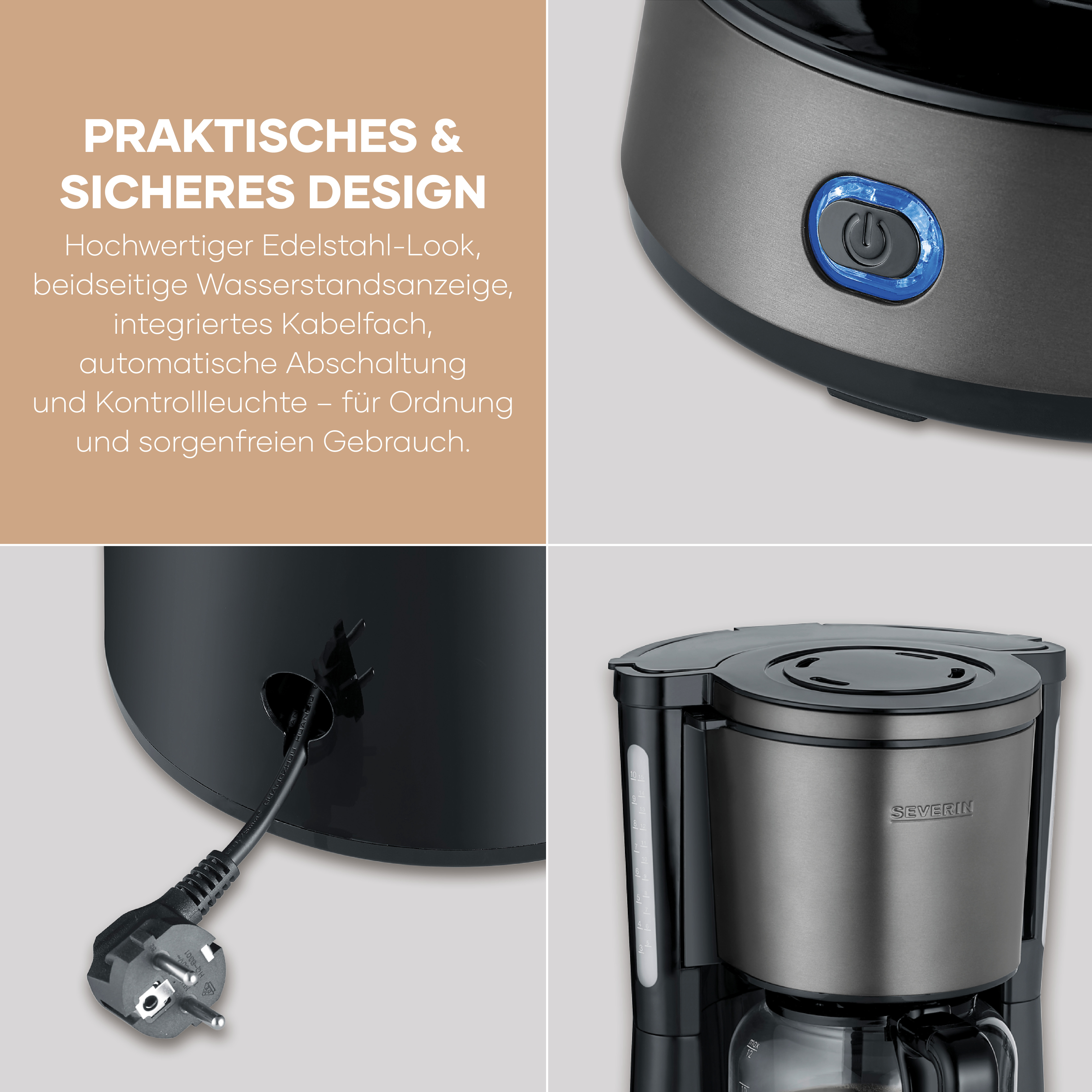 Cafetera con aspecto de acero inoxidable, botón iluminado e indicador de nivel de agua.